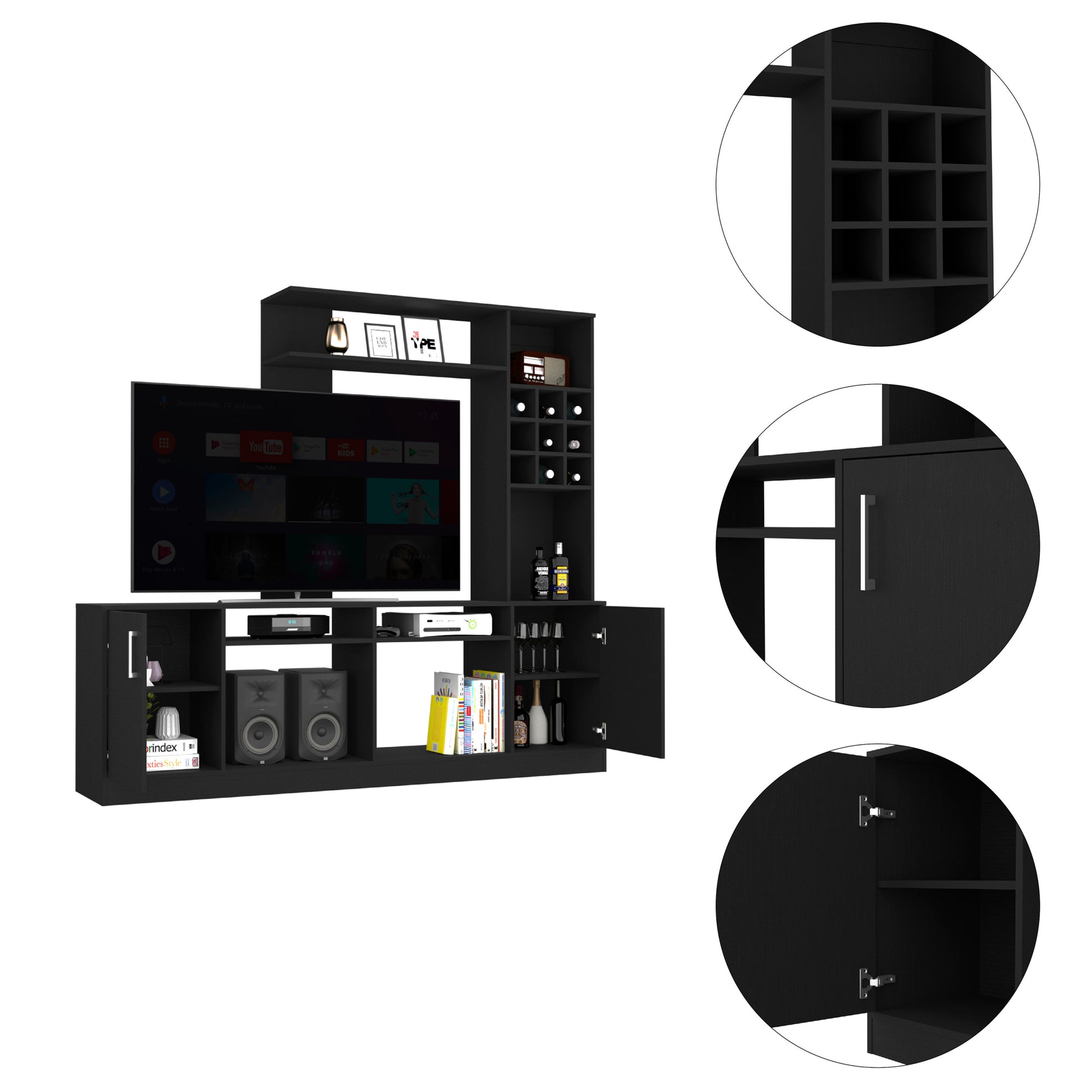 Latrou 6 Bottle 2 Door Entertainment Center Black Wengue Black Primary Living Space 60 Inches 60 69 Inches 60 Inches Particle Board