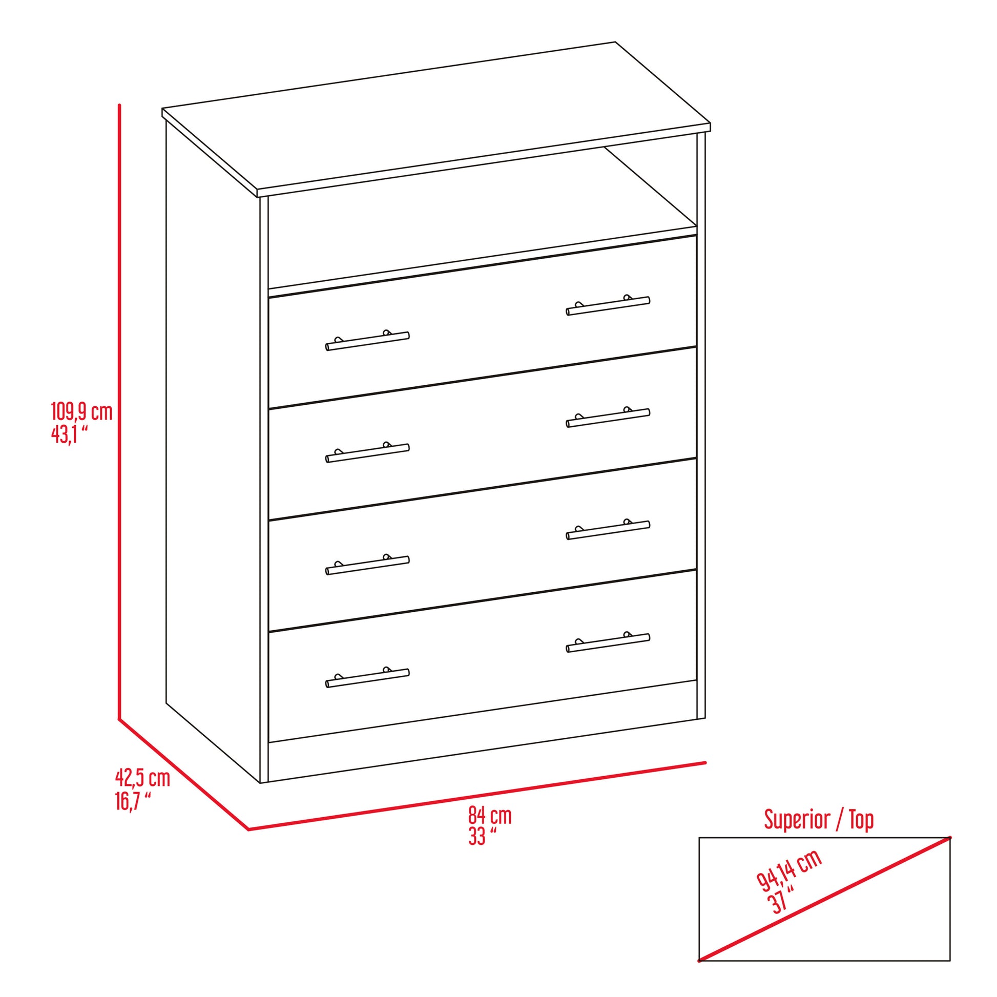 Dover 4 Drawer Rectangle Dresser White White Particle Board