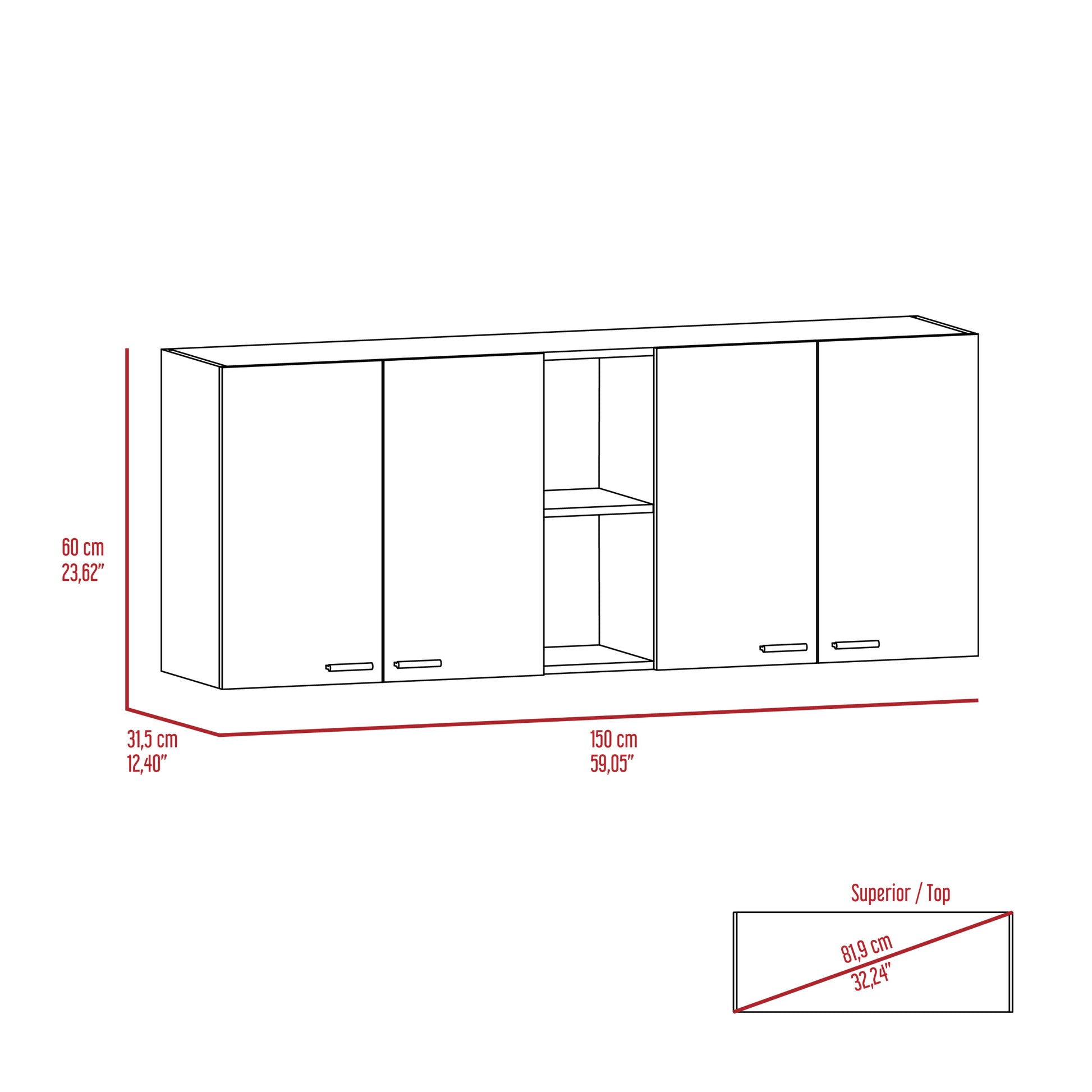 Menlo 59 Inch Four Swing Doors Wall Cabinet Black Wengue Black Particle Board