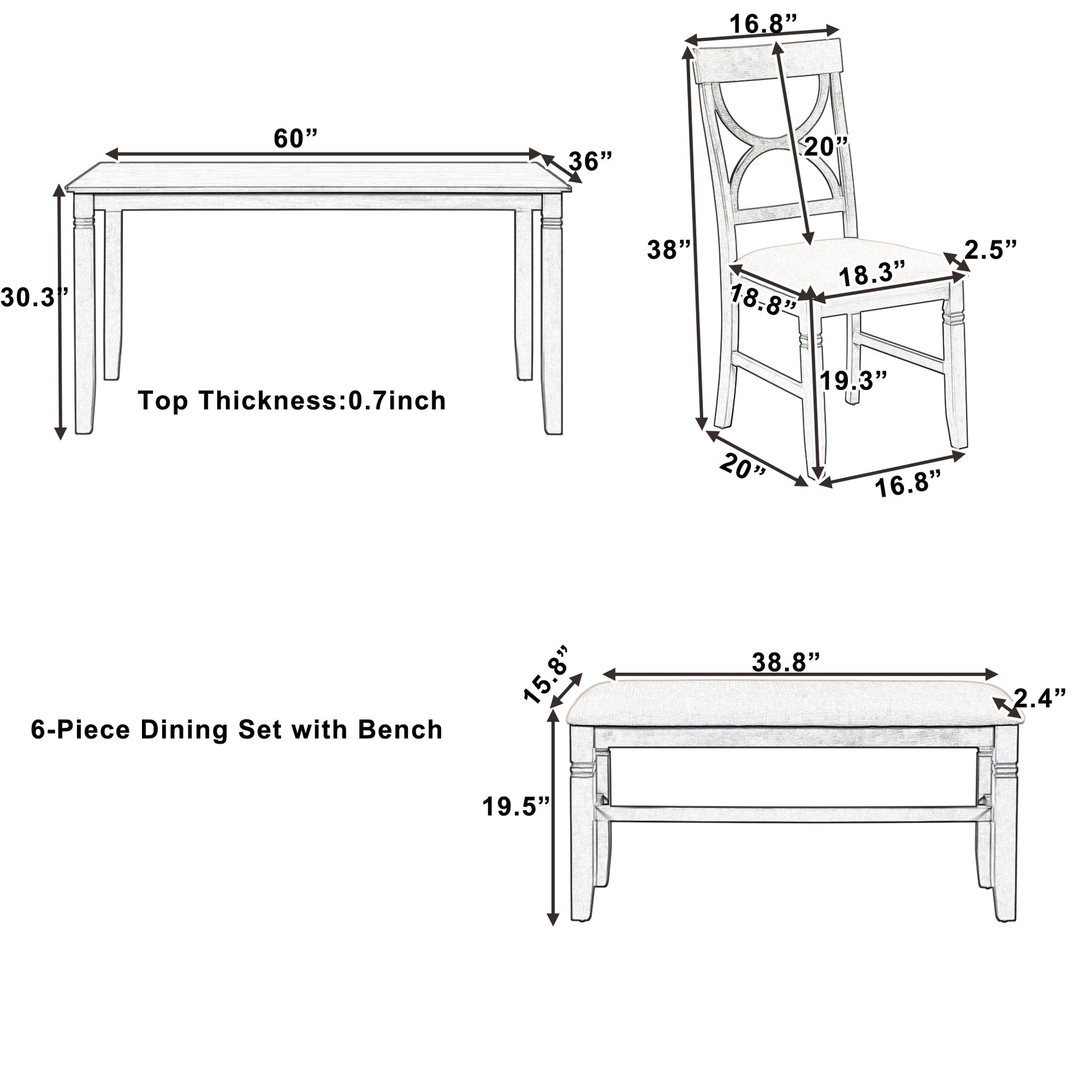 6 Piece Wood Dining Table Set Kitchen Table Set With Upholstered Bench And 4 Dining Chairs, Farmhouse Style,Gray White White Wood Dining Room Bench Seating Rubberwood Rectangular Dining Table With Chair And Bench Upholstered Chair Wood White Solid Back