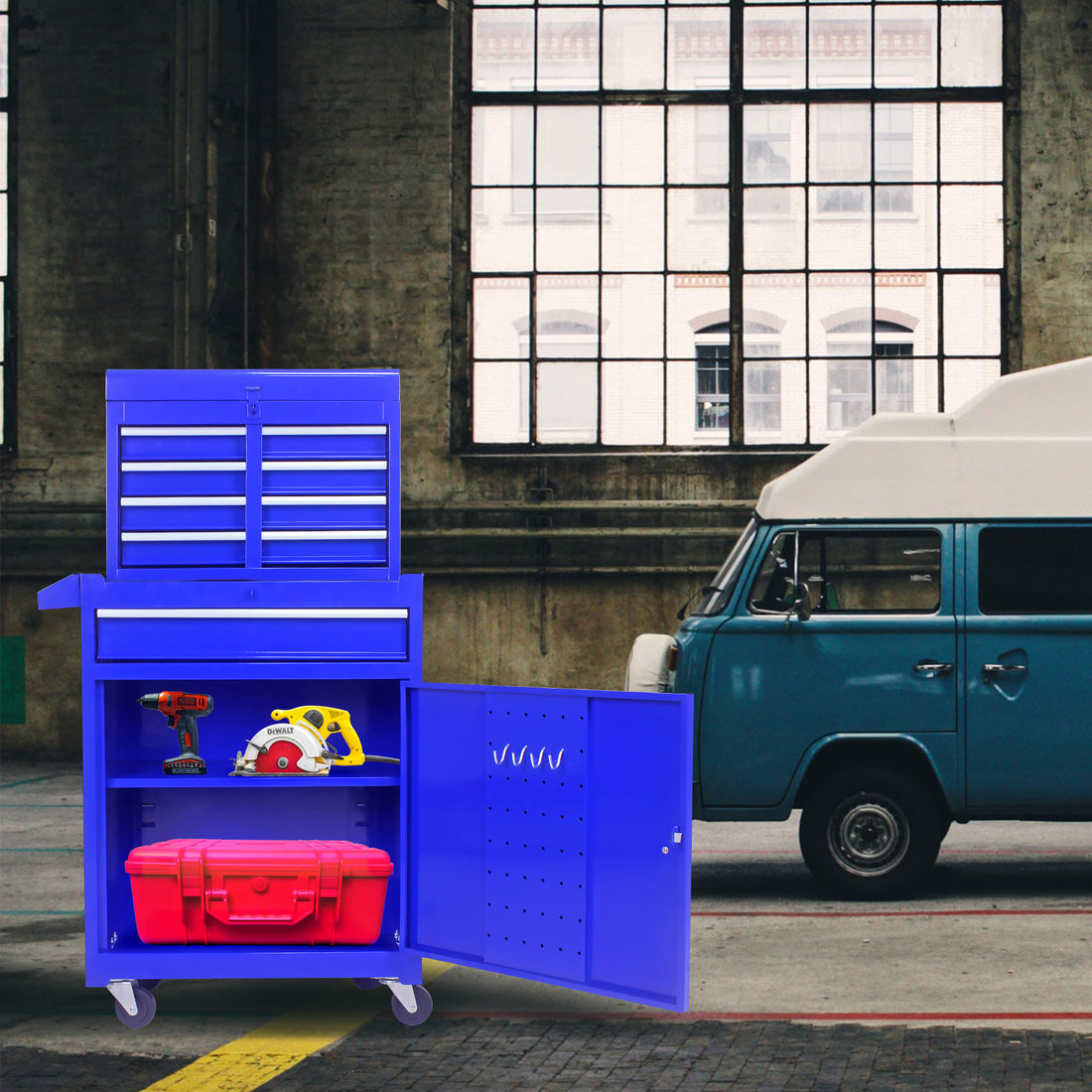 Detachable 5 Drawer Tool Chest With Bottom Cabinet And One Adjustable Shelf Blue Blue Metal