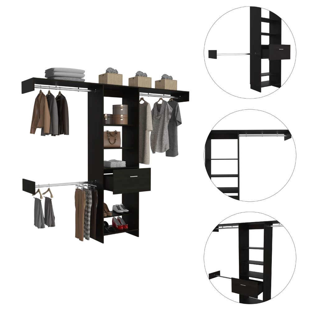 Calveston 1 Drawer 4 Shelf Closet System Black Wengue Black Particle Board