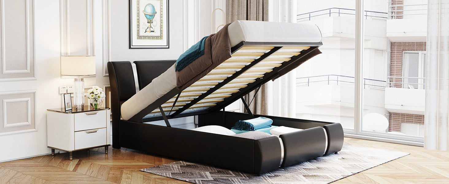 Full Size Upholstered Faux Leather Platform Bed With A Hydraulic Storage System, Black Black Technical Leather