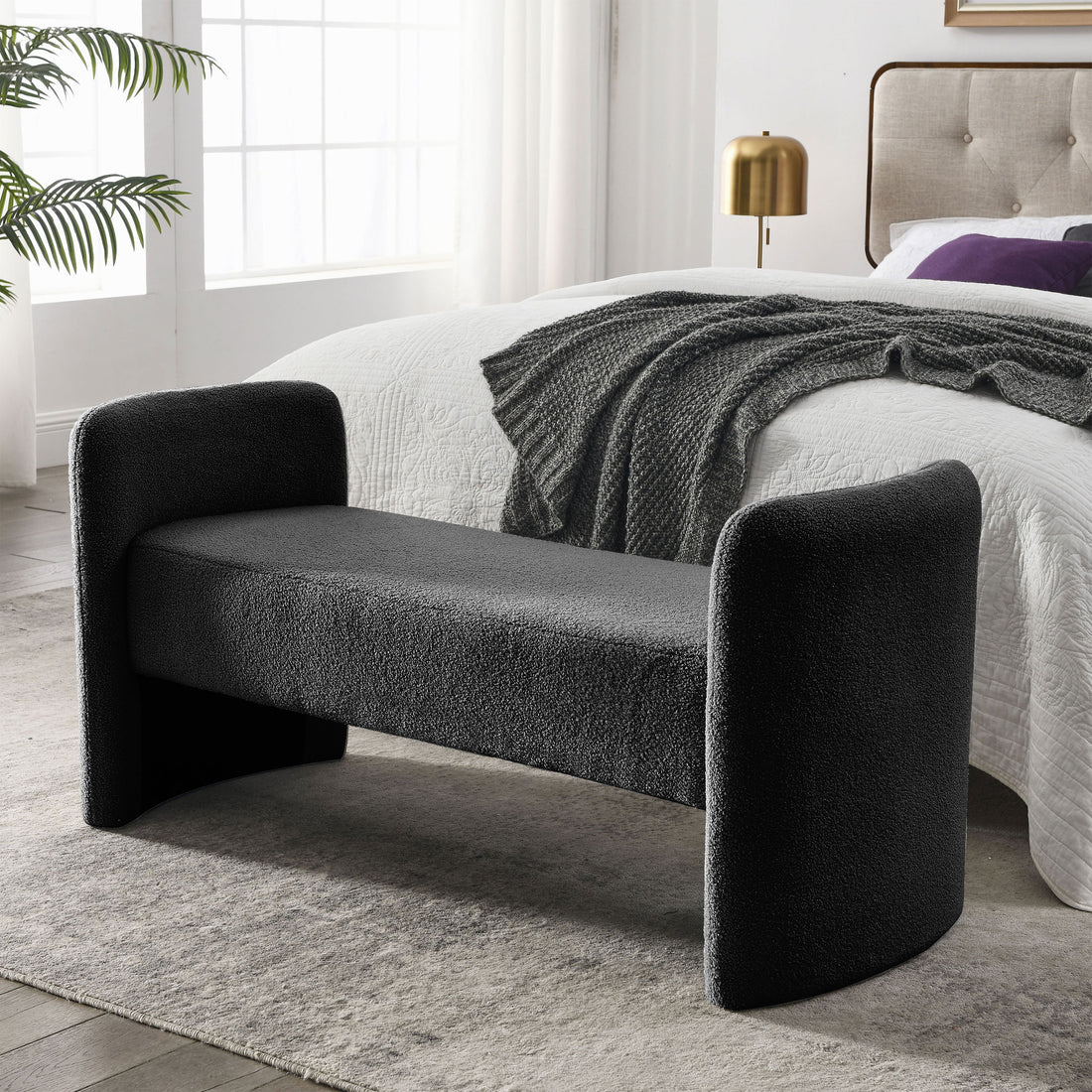 Welike 52" Bench For Bedroom End Of Bed Modern Contemporary Design Ottoman Couch Long Bench Window Sitting Fireplace Bench, Teddy Black Foam Polyester