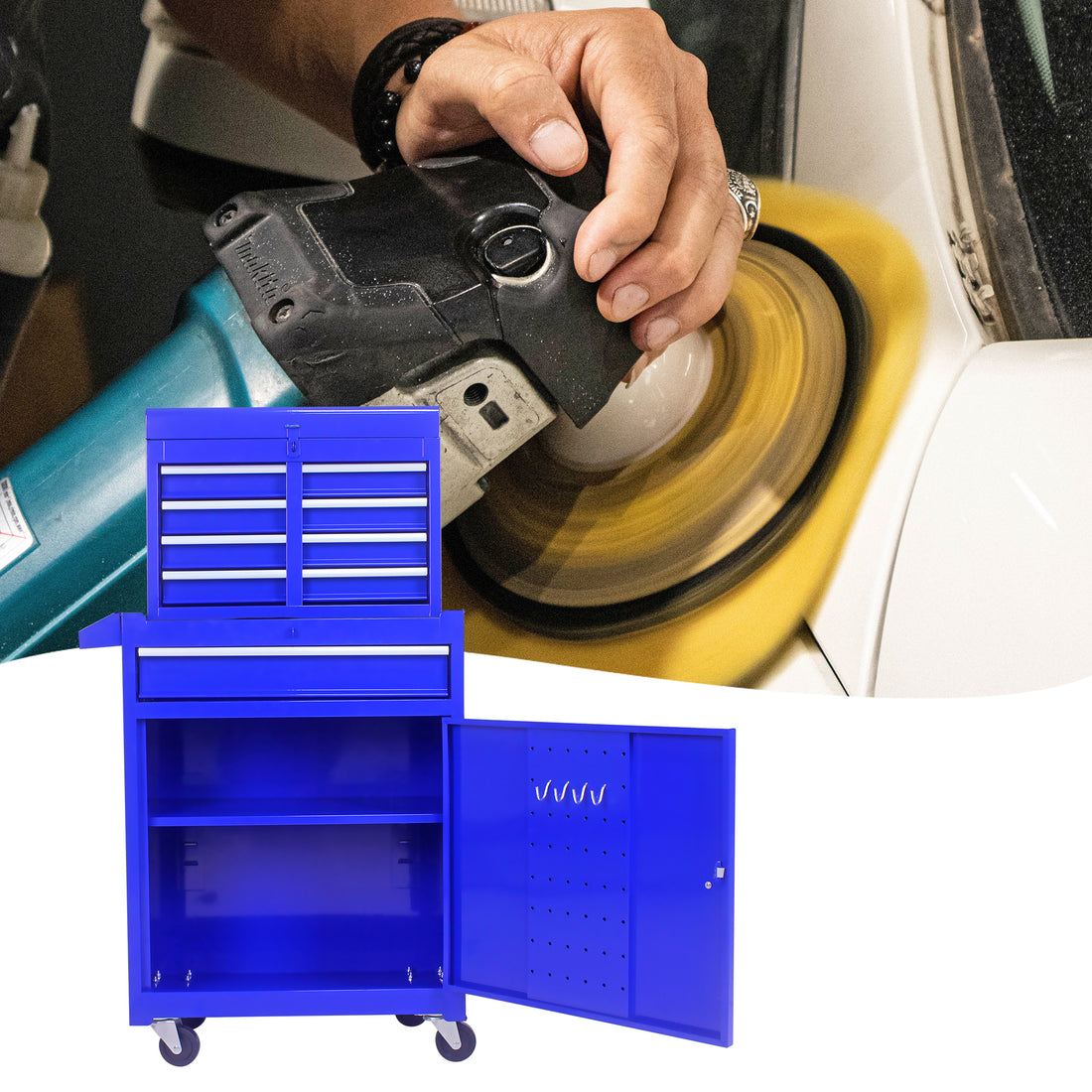 Detachable 5 Drawer Tool Chest With Bottom Cabinet And One Adjustable Shelf Blue Blue Metal