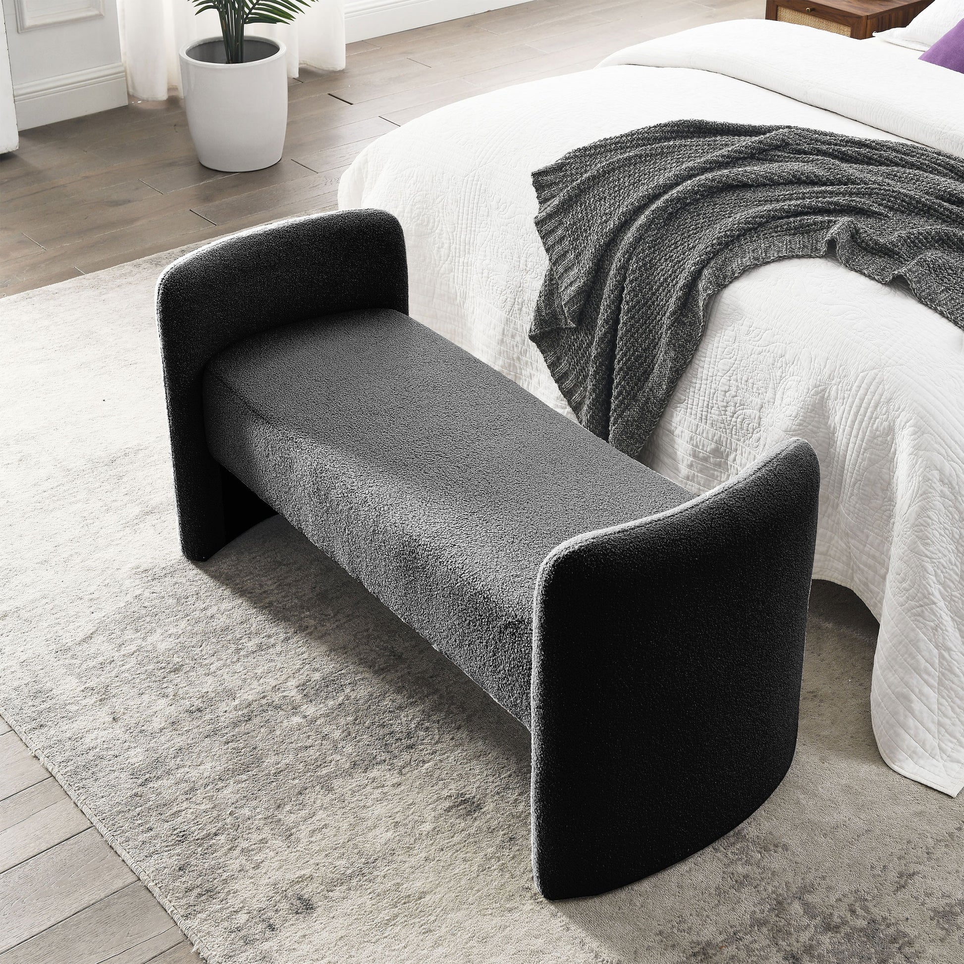 Welike 52" Bench For Bedroom End Of Bed Modern Contemporary Design Ottoman Couch Long Bench Window Sitting Fireplace Bench, Teddy Black Foam Polyester