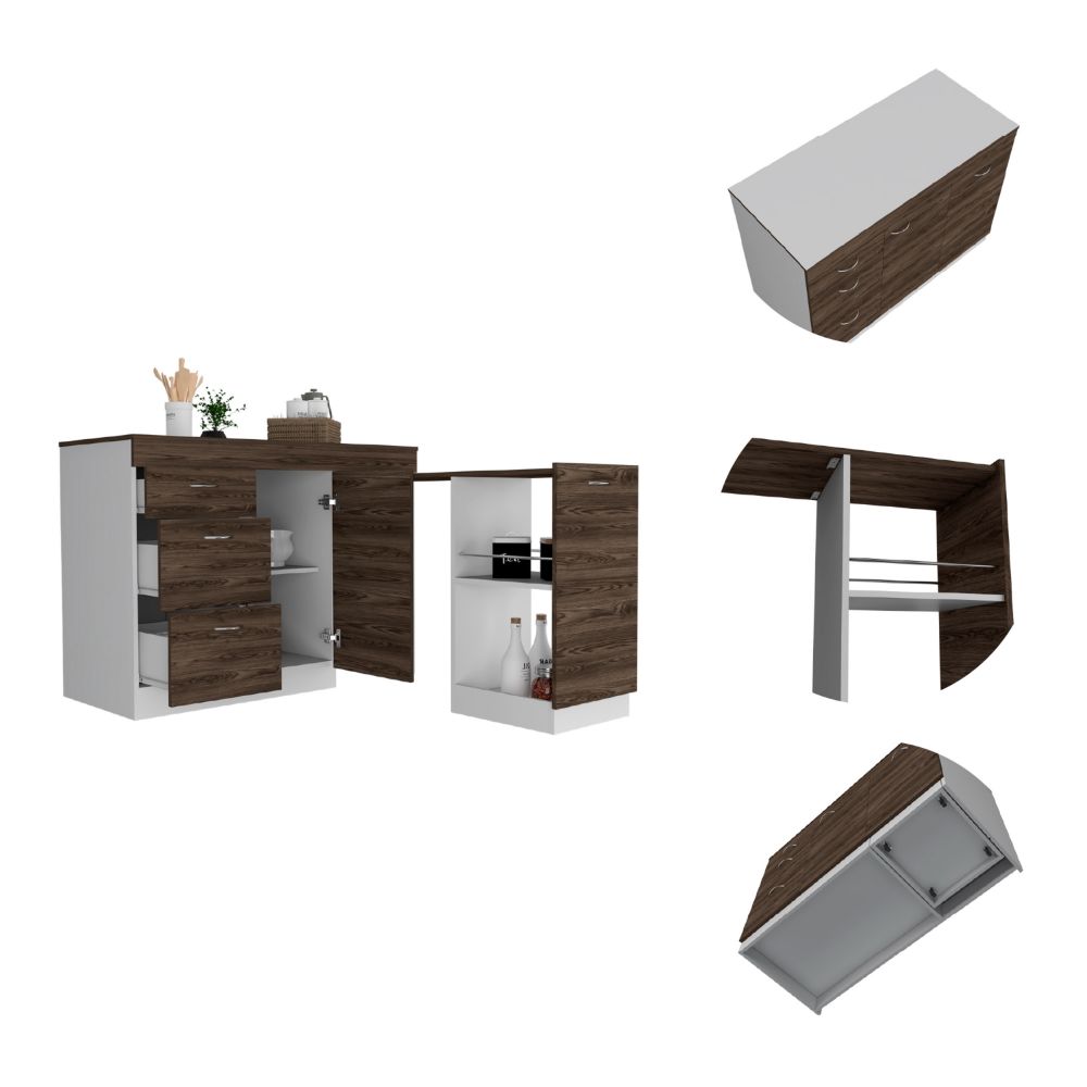 Laurel 3 Drawer L Shaped Convertible Kitchen Island White And Dark Walnut Brown Particle Board