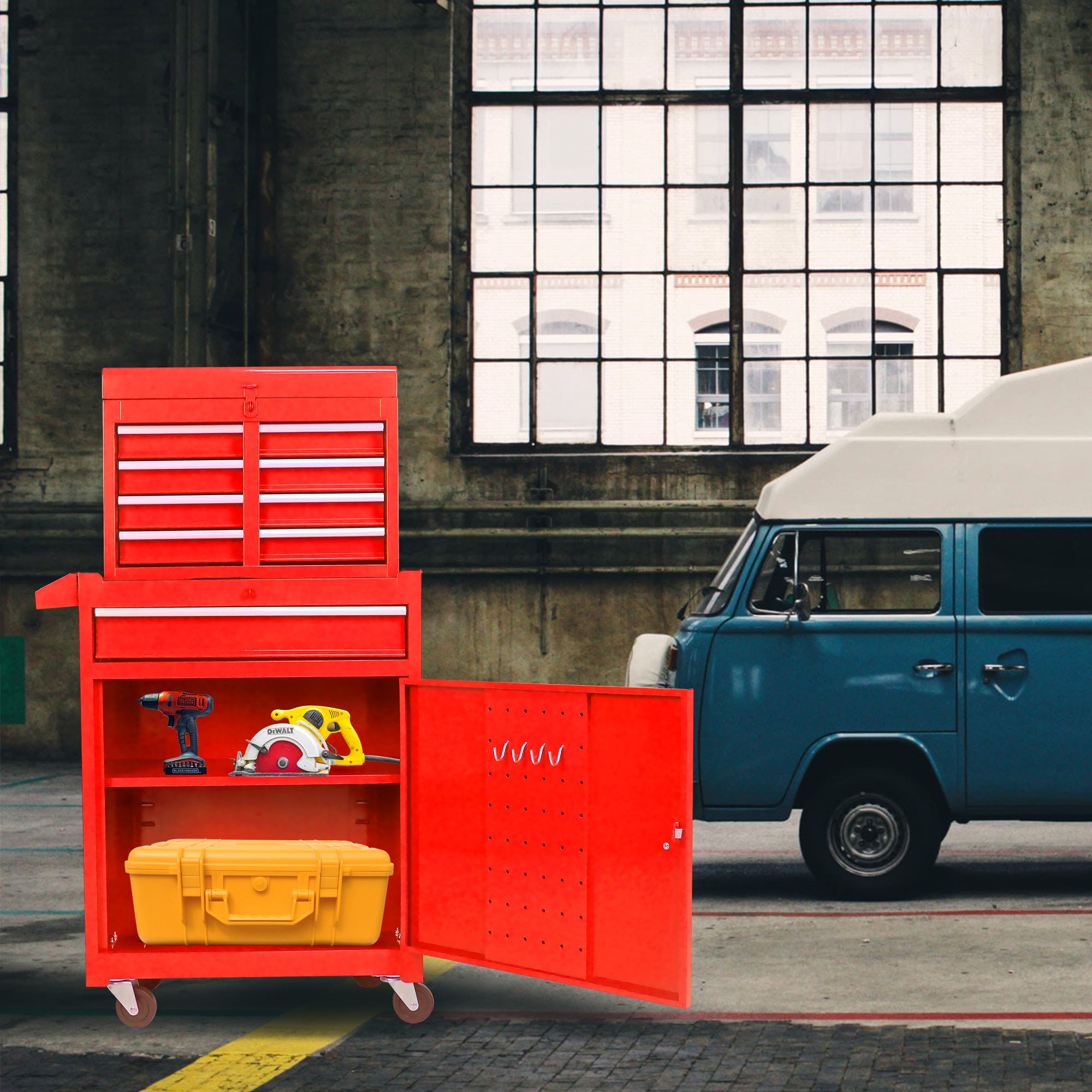 Detachable 5 Drawer Tool Chest With Bottom Cabinet And One Adjustable Shelf Red Red Metal