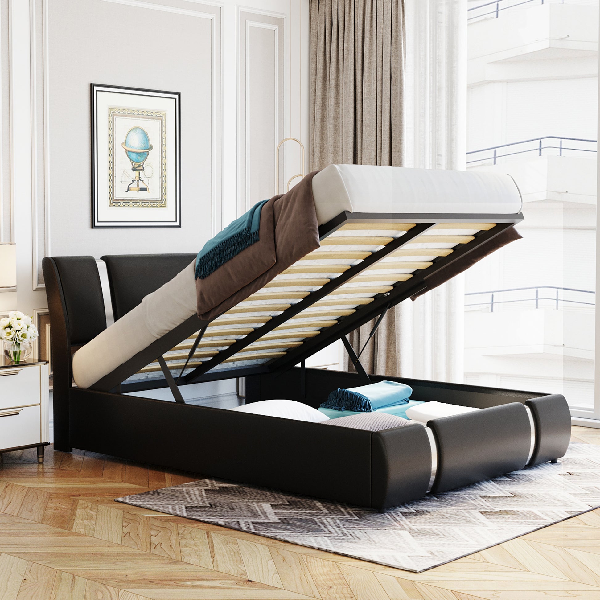 Full Size Upholstered Faux Leather Platform Bed With A Hydraulic Storage System, Black Black Technical Leather