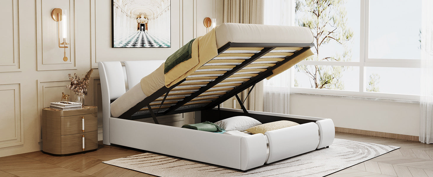 Queen Size Upholstered Faux Leather Platform Bed With A Hydraulic Storage System, White White Technical Leather