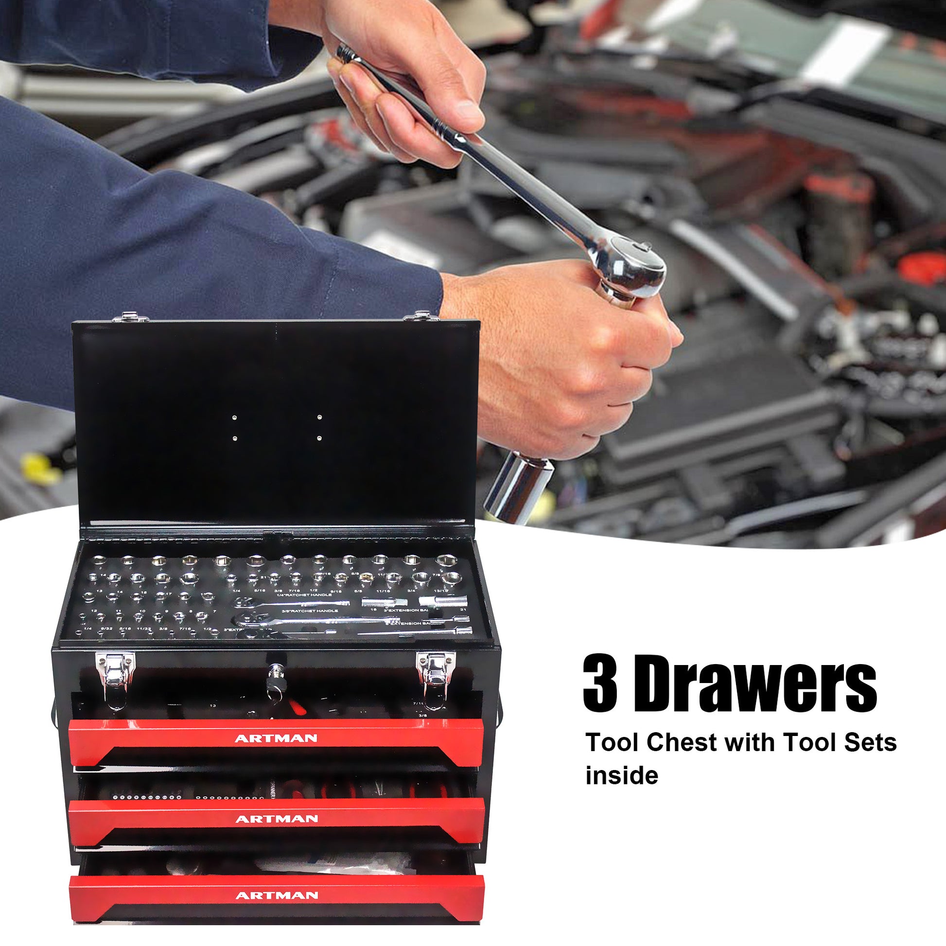 3 Drawers Tool Box with Tool Set black-steel