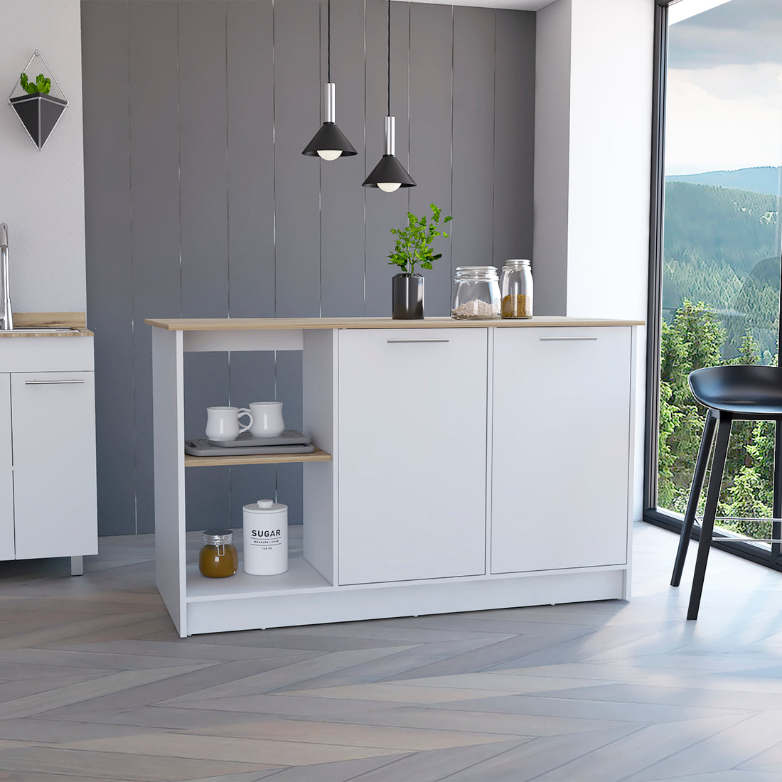 Light Oak And White 2 Shelf Kitchen Island White Particle Board