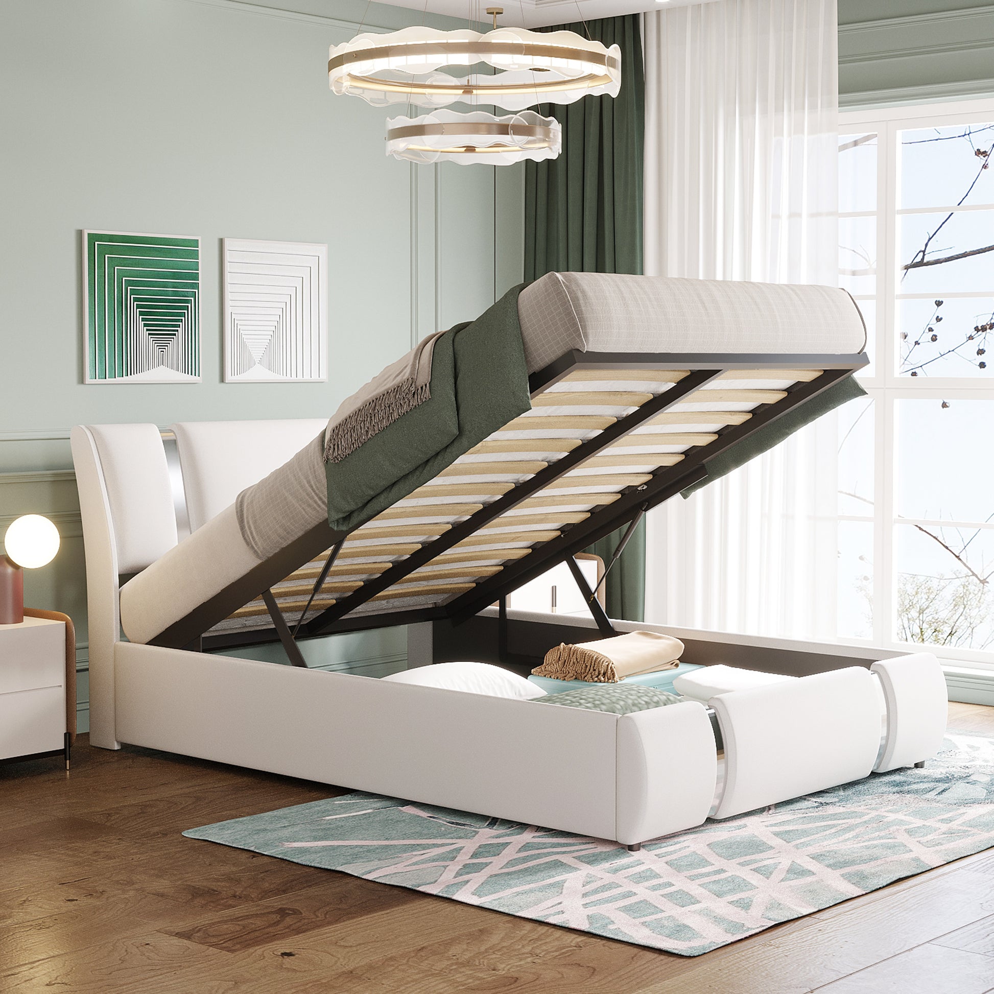 Full Size Upholstered Faux Leather Platform Bed With A Hydraulic Storage System, White White Technical Leather