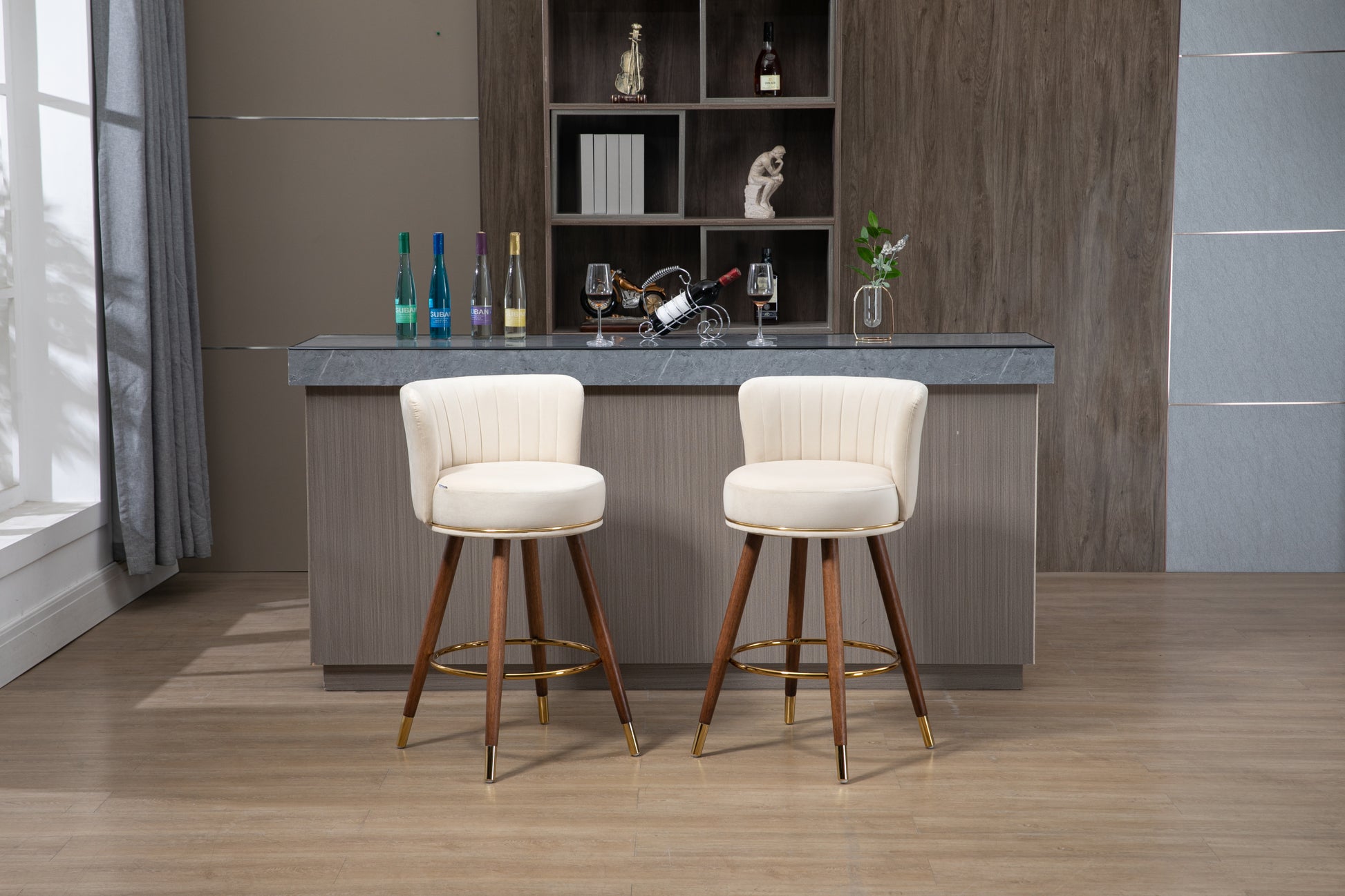 Coolmore Counter Height Bar Stools Set Of 2 For Kitchen Counter Solid Wood Legs With A Fixed Height Of 360 Degrees Ivory Solid Wood