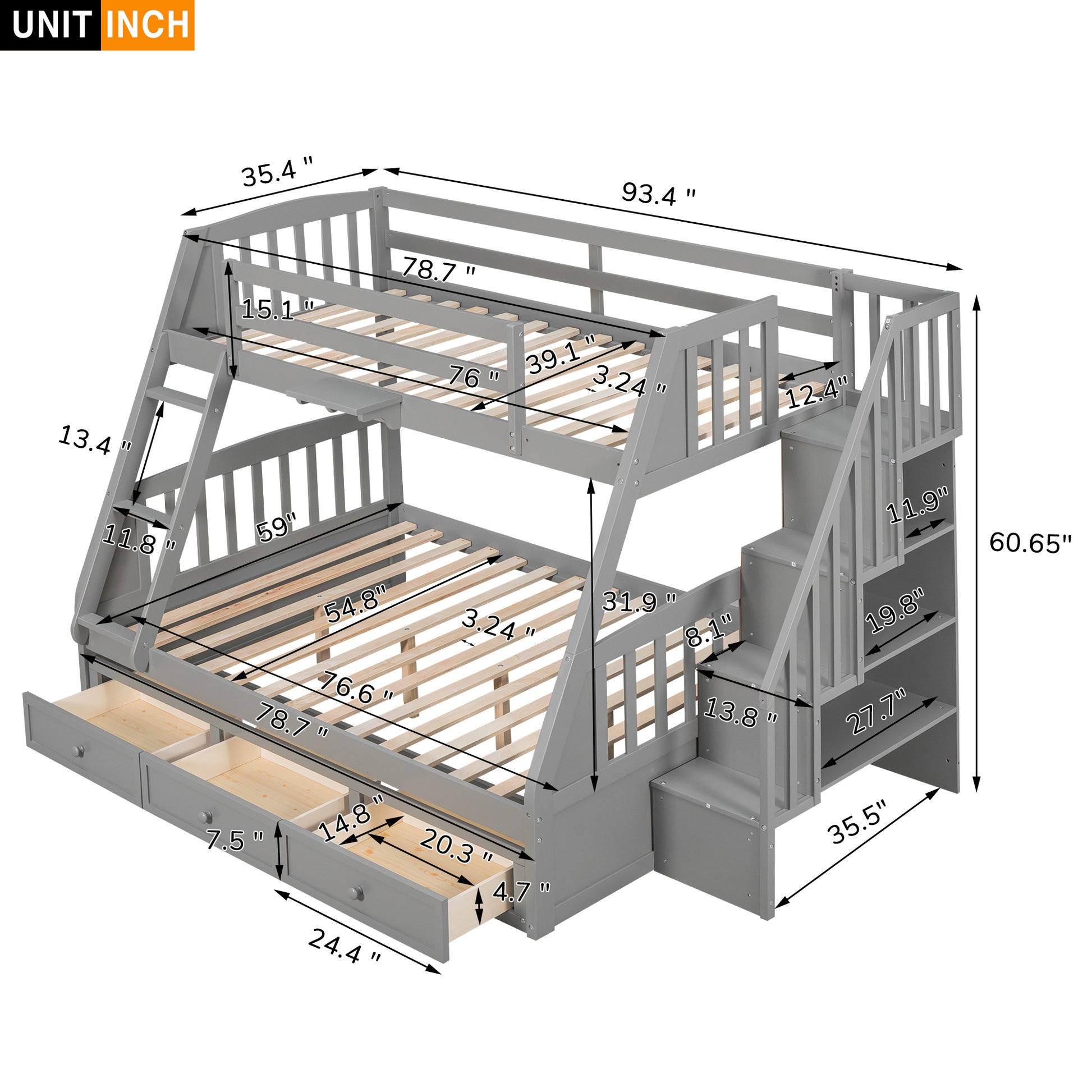 Twin Over Full Bunk Bed With Drawers Ladder And Storage Staircase, Gray Gray Solid Wood Mdf