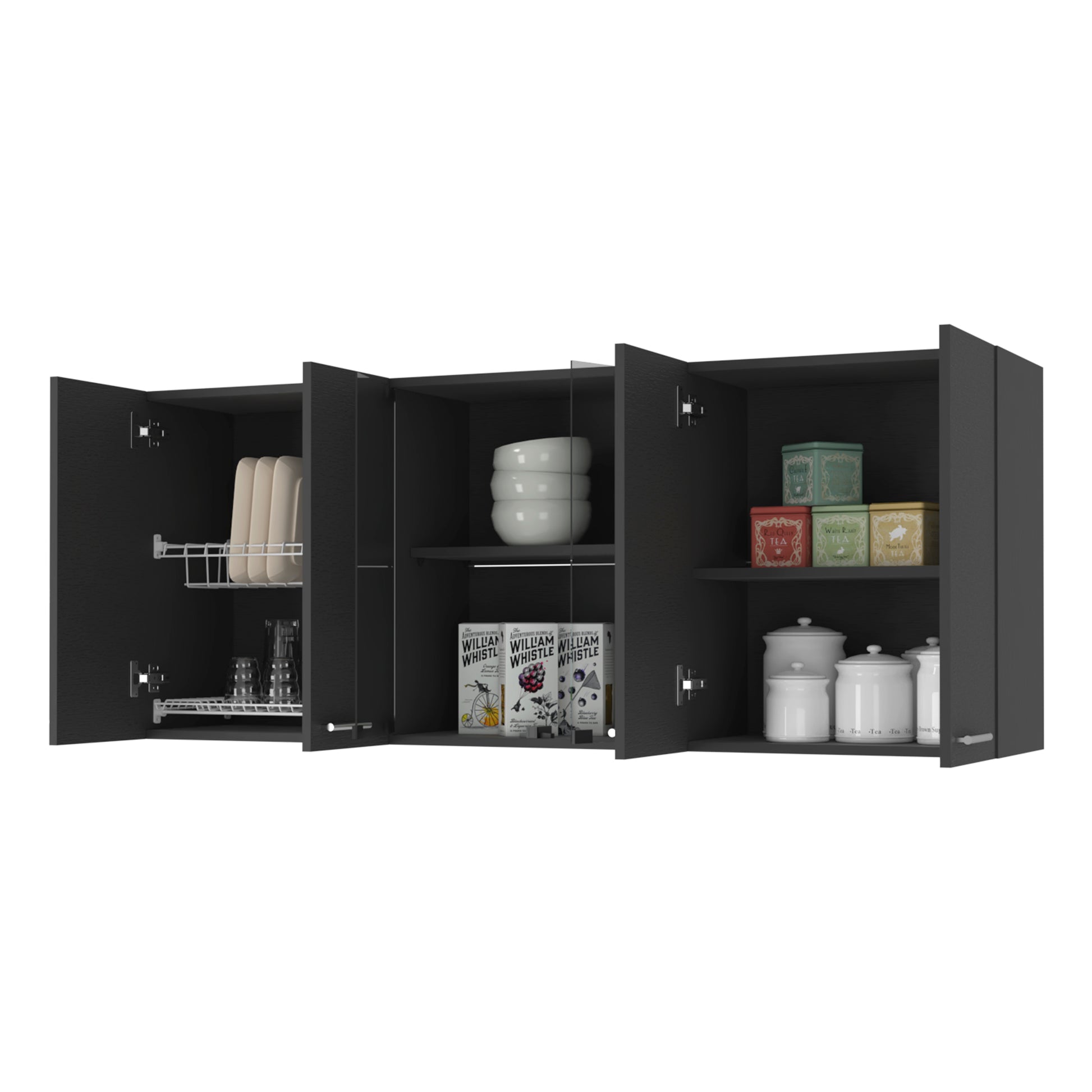 Shelton 59 Inch Two Center Glass Doors Wall Cabinet Black Wengue Black Particle Board