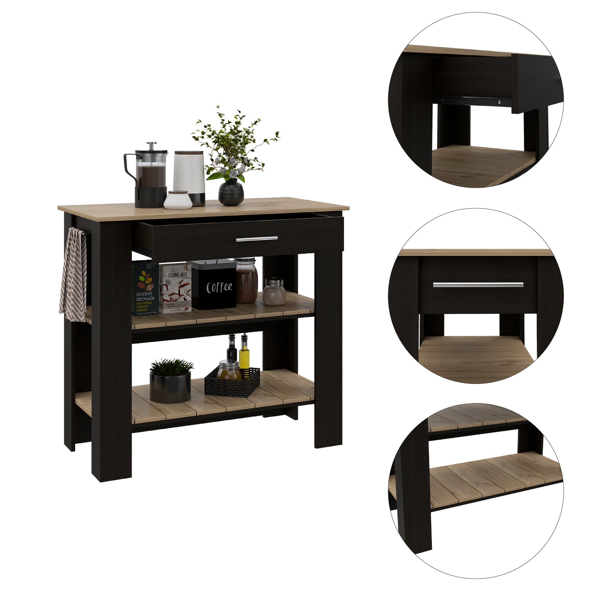 Rockaway 1 Drawer 2 Shelf Kitchen Island Black Wengue And Light Oak Black Particle Board