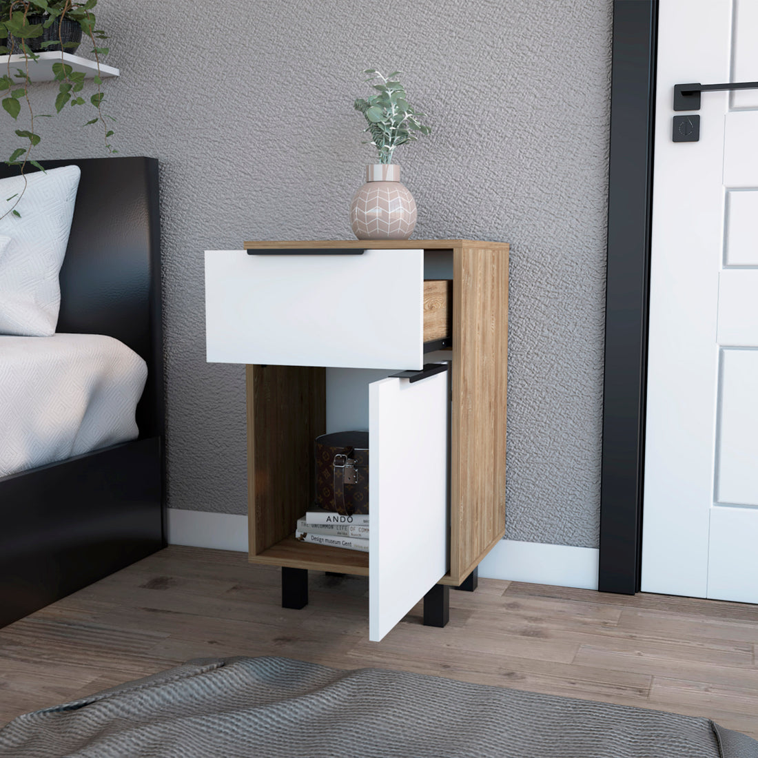 White And Pine 1 Drawer Nightstand White Particle Board