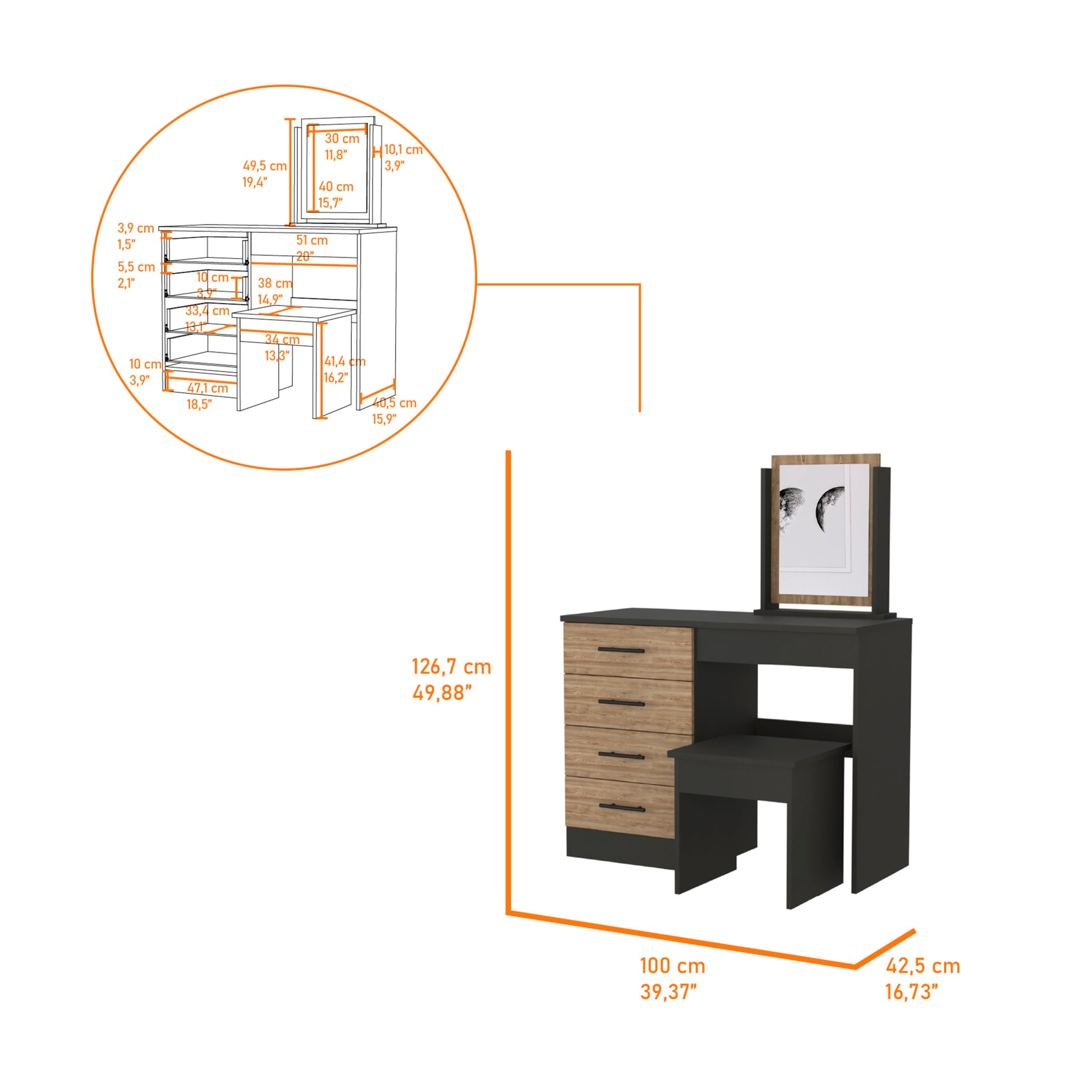 Black And Pine 4 Drawer Makeup Dressing Table With Stool Black Particle Board