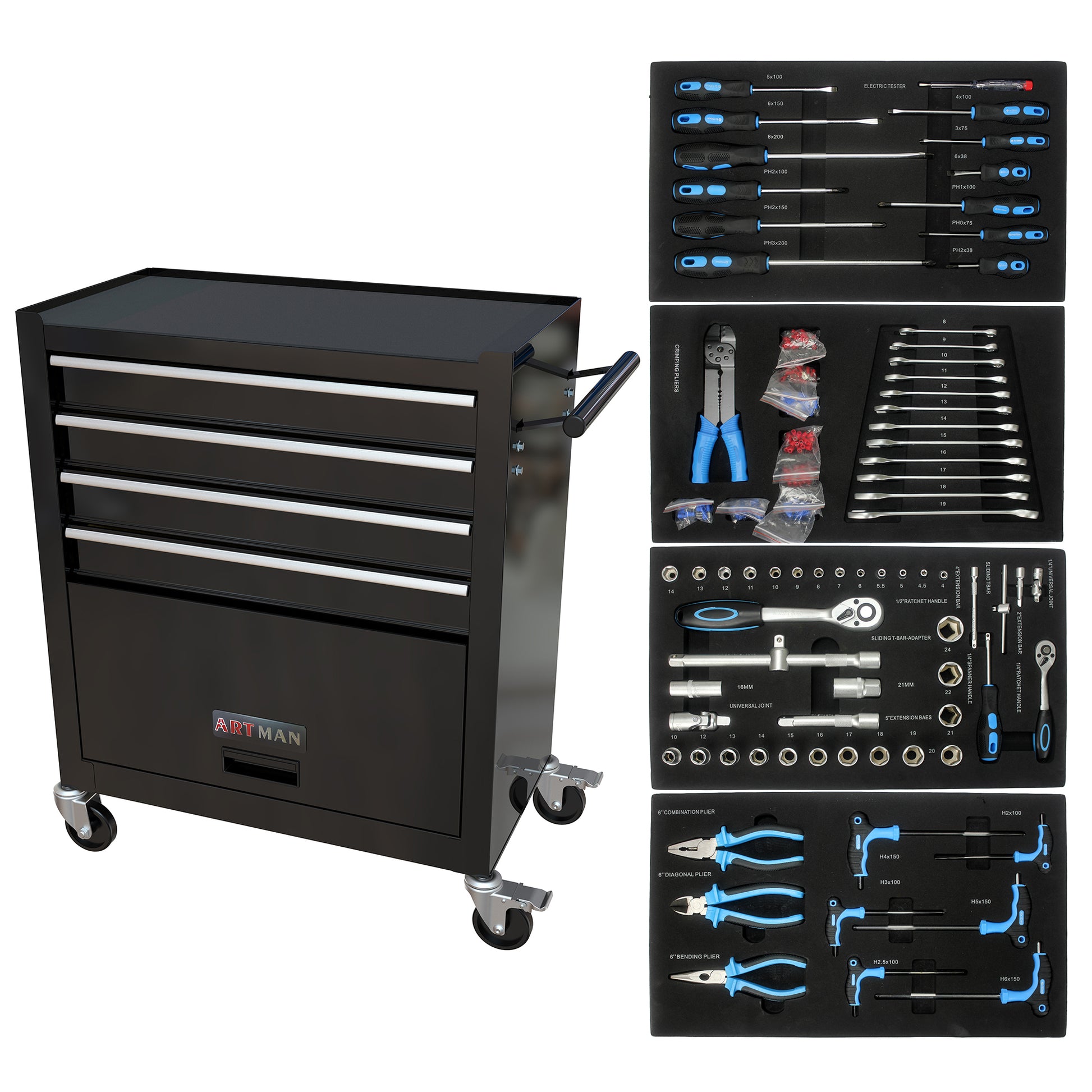 4 Drawers Tool Cabinet with Tool Sets BLACK red-steel