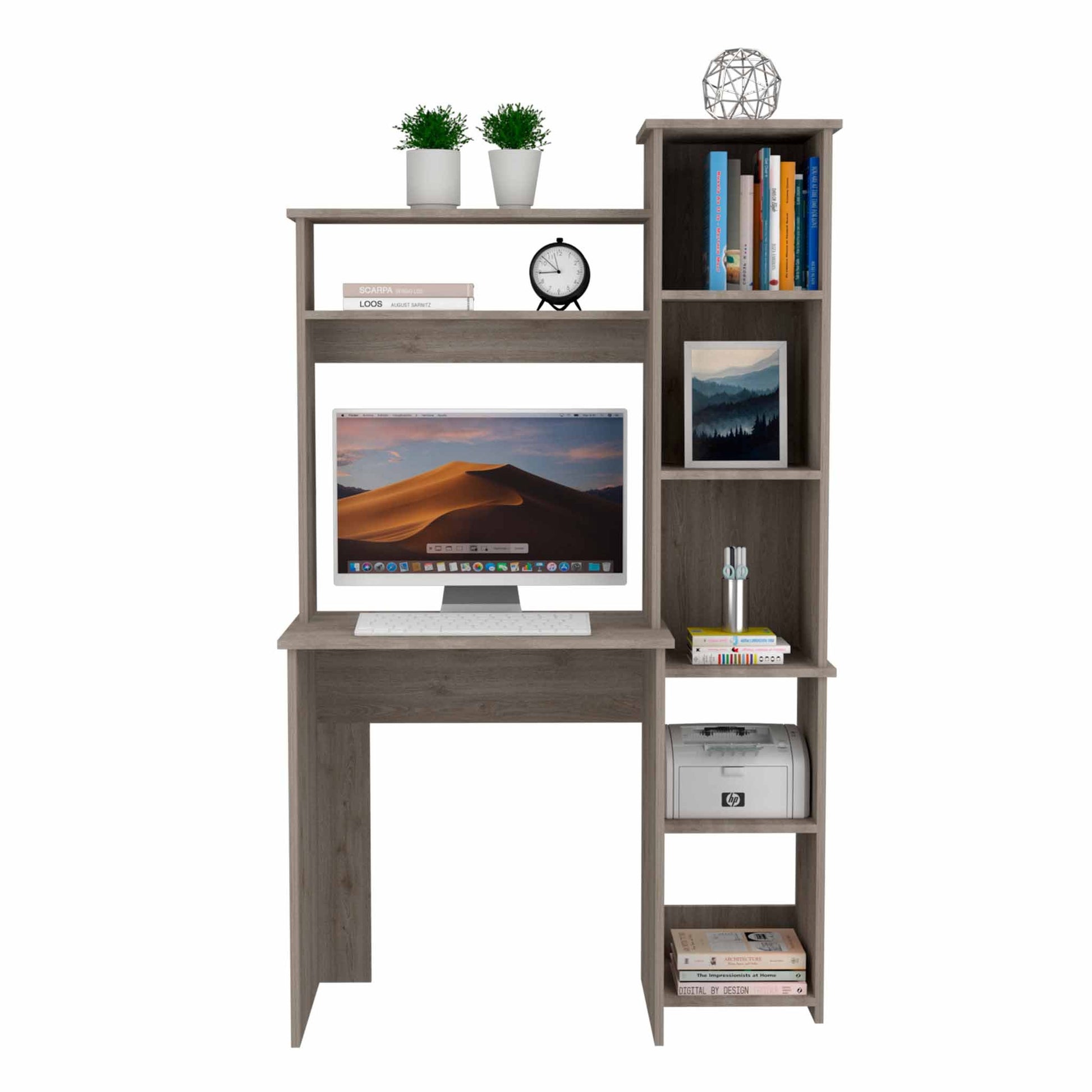 Light Grey 6 Shelf Writing Desk With Built In Bookcase Light Gray Particle Board