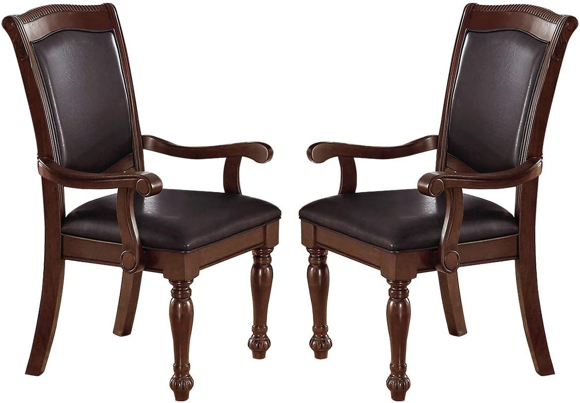 Royal Majestic Formal Set Of 2 Arm Chairs Brown Color Rubberwood Dining Room Furniture Faux Leather Upholstered Seat Brown Brown Dining Room Luxury,Traditional Arm Chair Rubberwood Rubber Wood