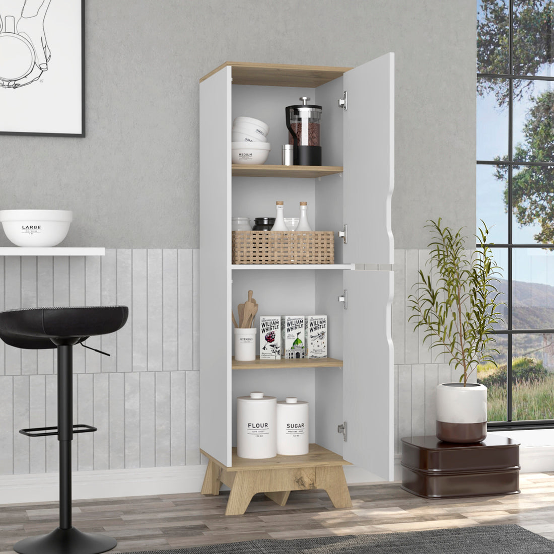 Rutherford 2 Door Pantry Cabinet Light Oak And White White Particle Board