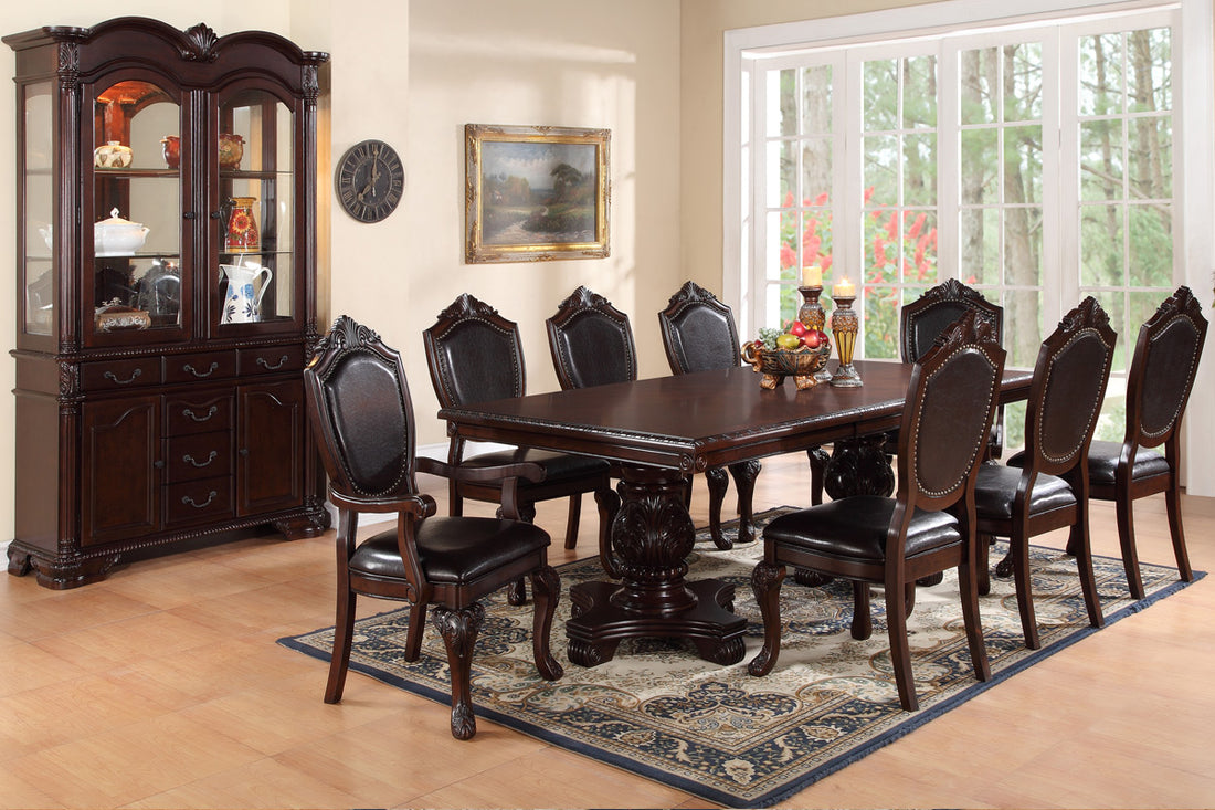 Formal Dining Room Table W Leaf 2X Arm Chairs And 6X Side Chairs Brown 9Pc Set Dining Table Double Pedestal Base Royal Rectangle Table Brown Wood Dining Room Solid Wood Rubberwood Rectangular Dining Table With Chair Wood Wood Brown Seats 8