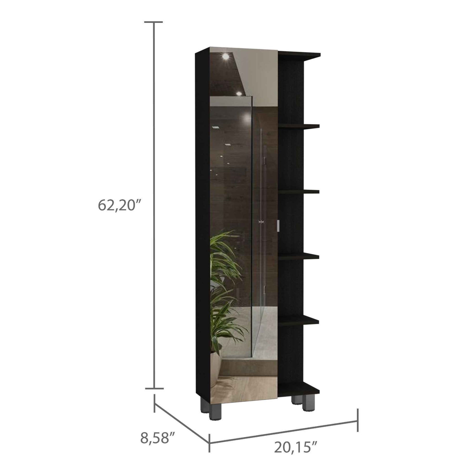 Black Wengue 5 Shelf Linen Cabinet With Mirror Black Particle Board