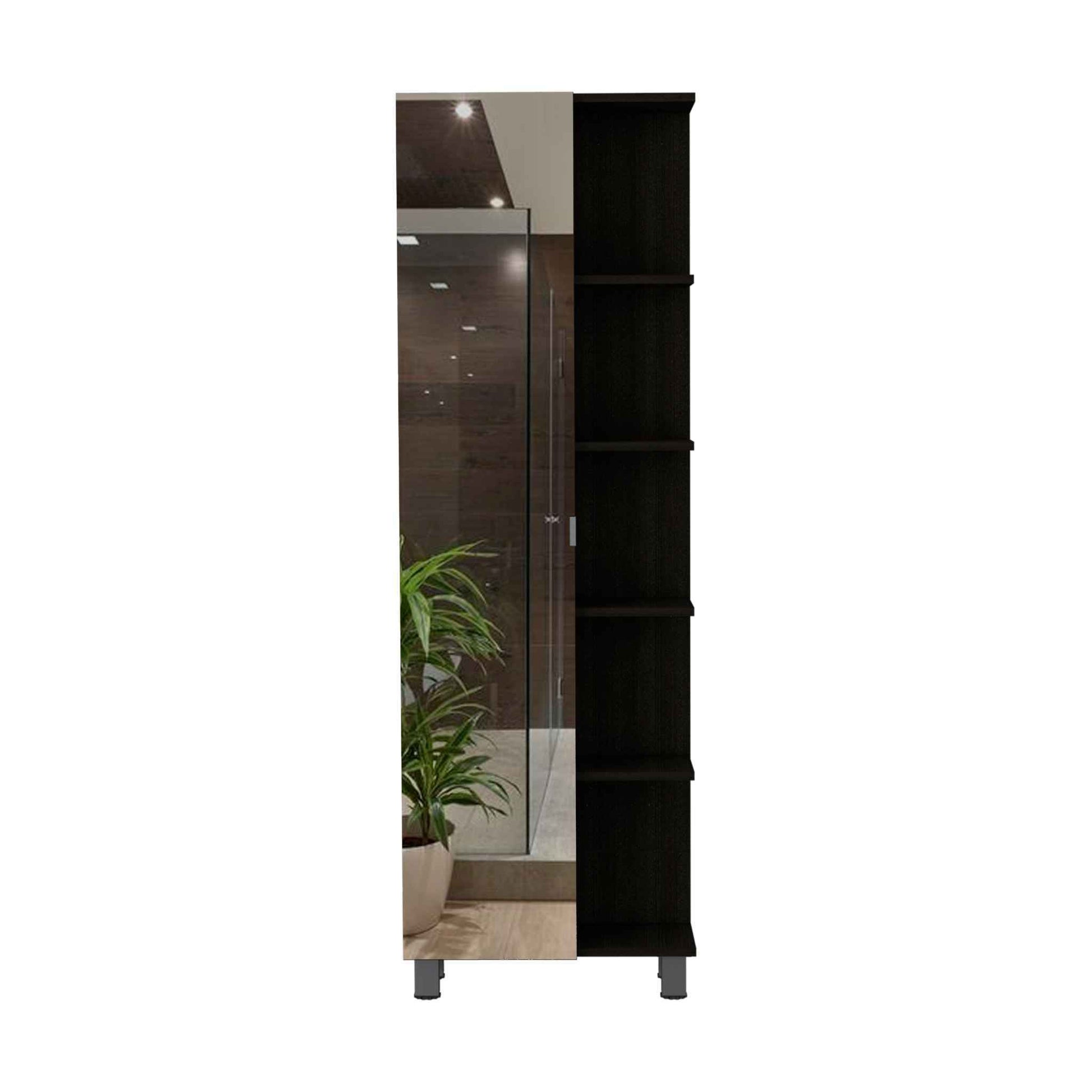 Black Wengue 5 Shelf Linen Cabinet With Mirror Black Particle Board