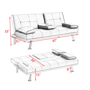 Leather Multifunctional Double Folding Sofa Bed For Office With Coffee Table Grey Foam Pvc 2 Seat