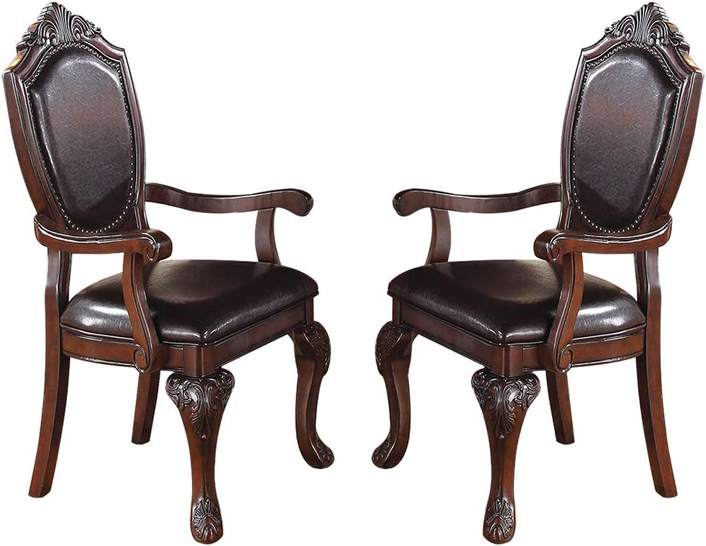 Gorgeous Formal Set Of 2 Arm Chairs Brown Color Rubberwood Dining Room Furniture Faux Leather Upholstered Seat Brown Brown Dining Room Luxury,Traditional Arm Chair Rubberwood Solid Back Rubber Wood