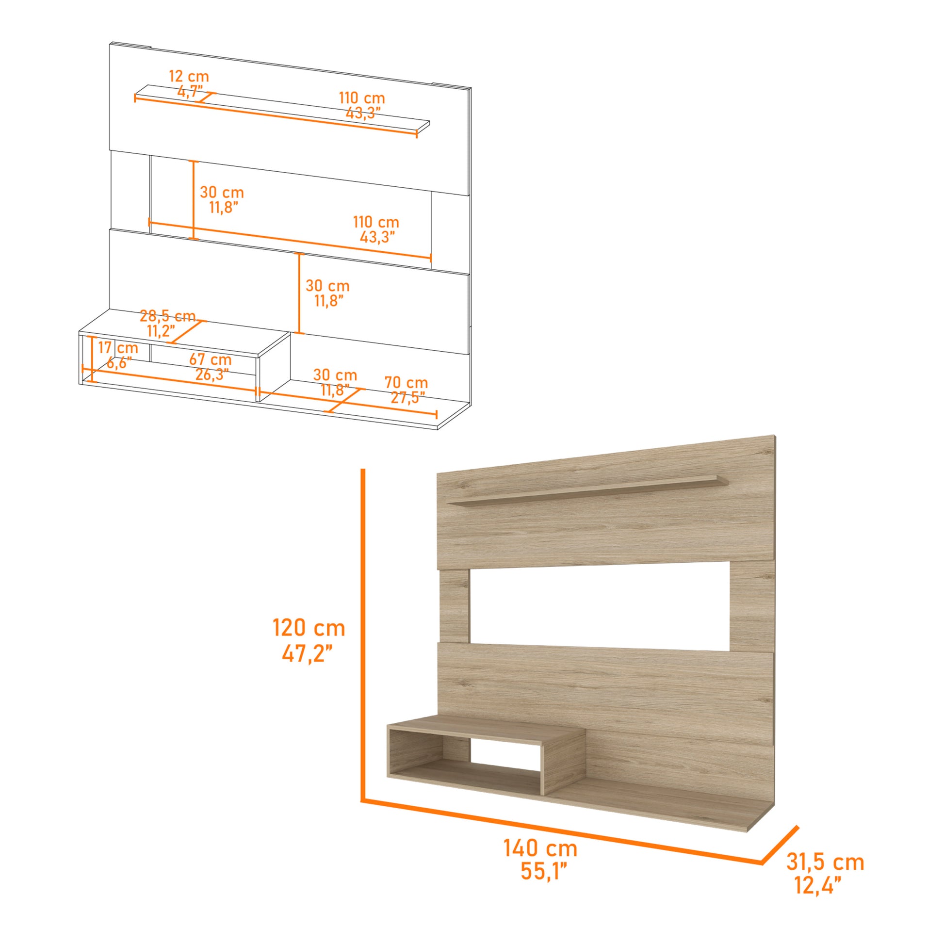 Forest Hills 3 Shelf Floating Entertainment Center Light Pine Beige 50 59 Inches Particle Board