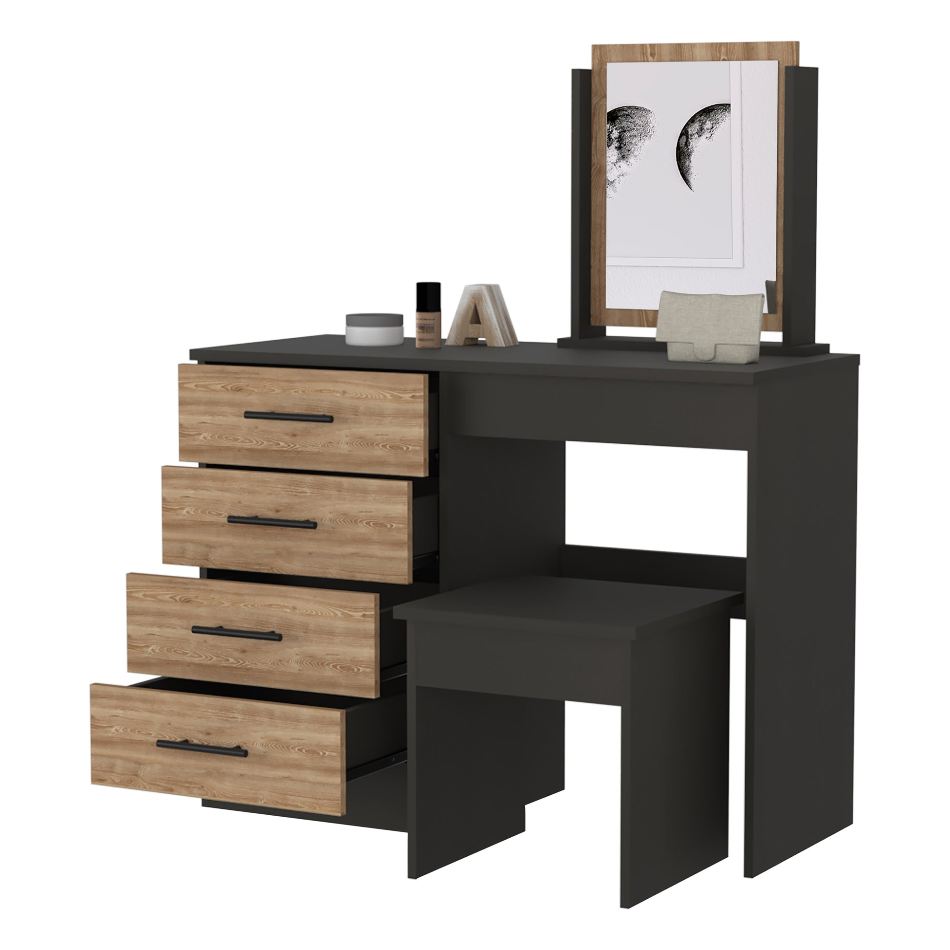 Black And Pine 4 Drawer Makeup Dressing Table With Stool Black Particle Board