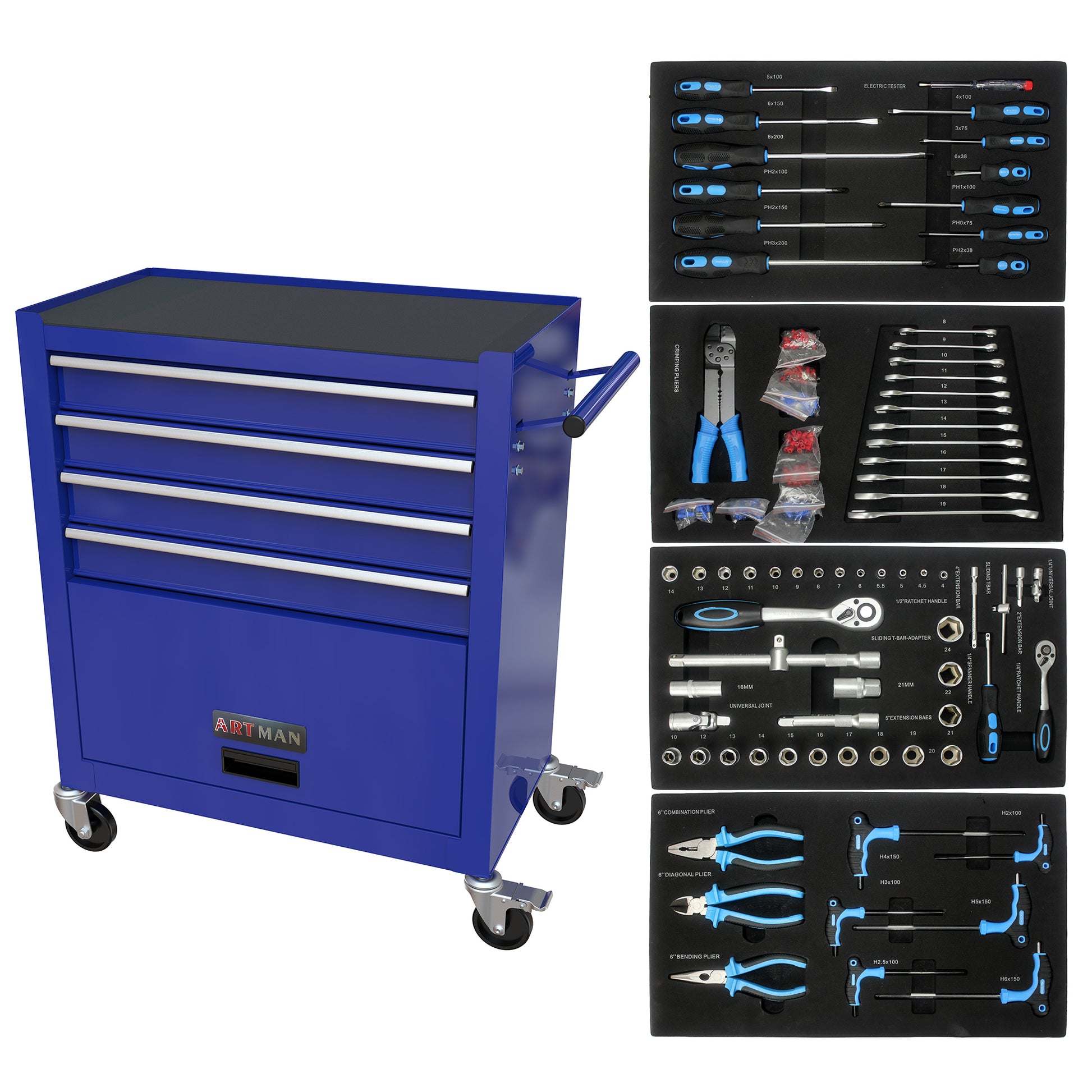 4 Drawers Tool Cabinet with Tool Sets BLUE red-steel