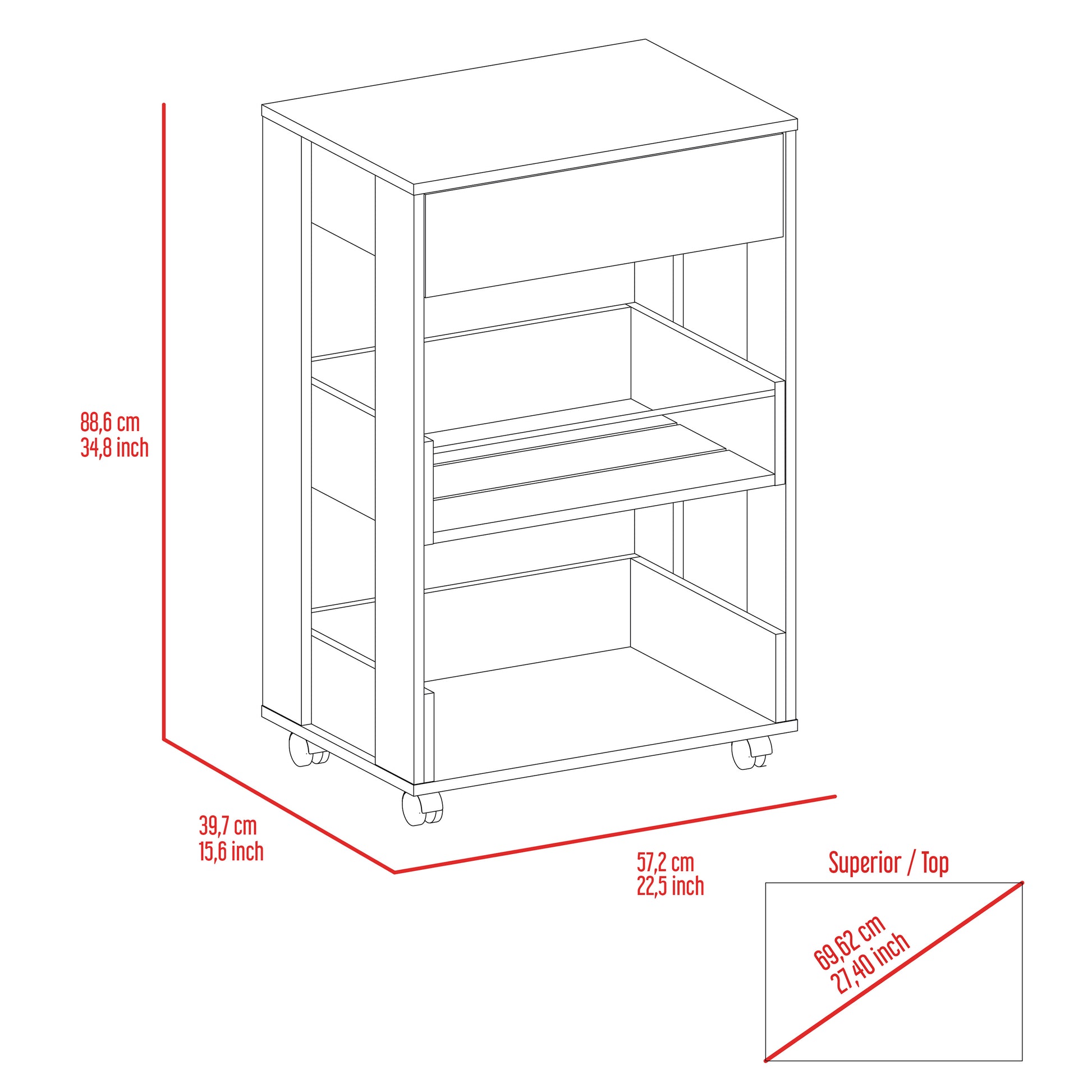 White And Dark Walnut 1 Drawer 2 Shelf Kitchen Cart With Caster Brown Particle Board