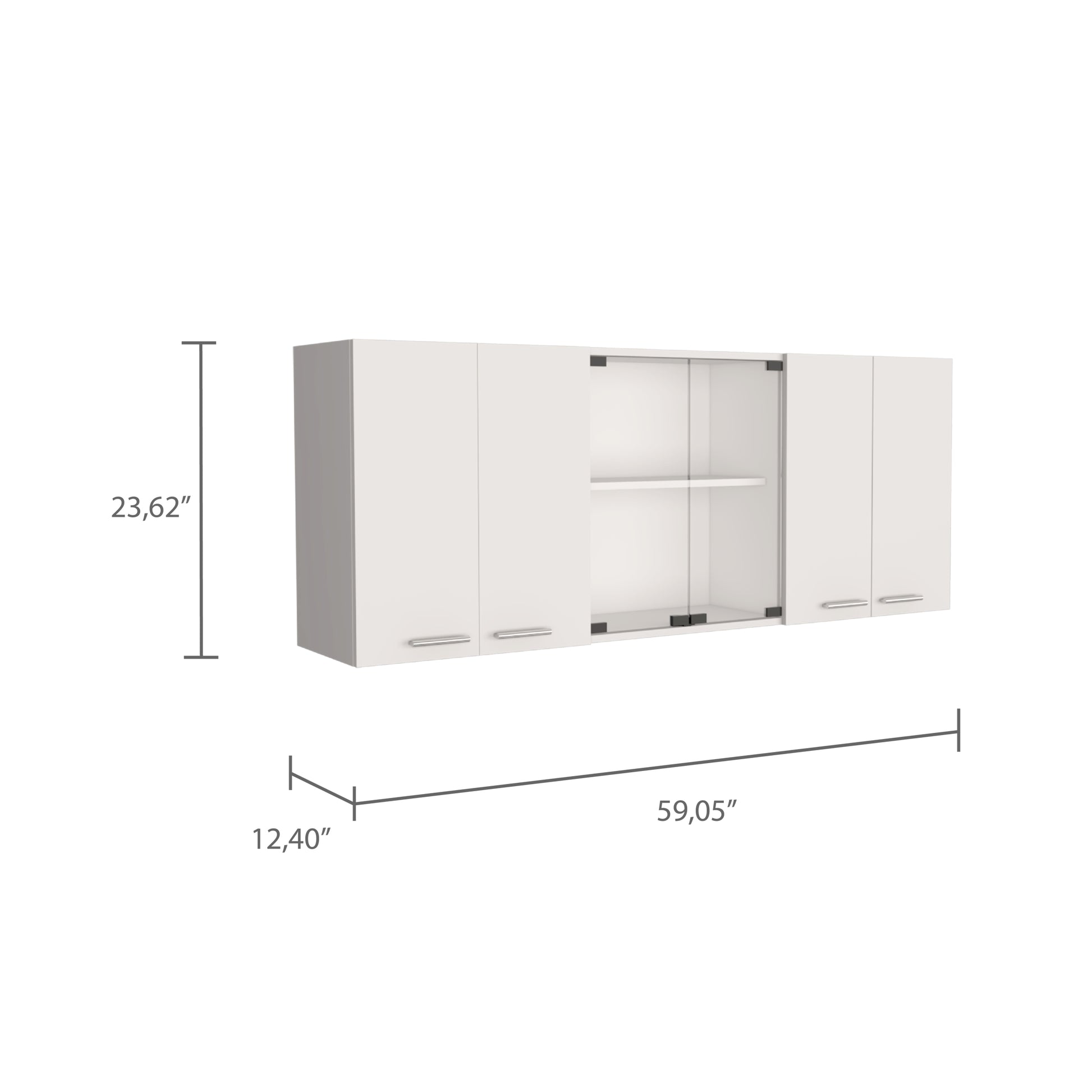 Shelton 59 Inch Two Center Glass Doors Wall Cabinet White White Particle Board