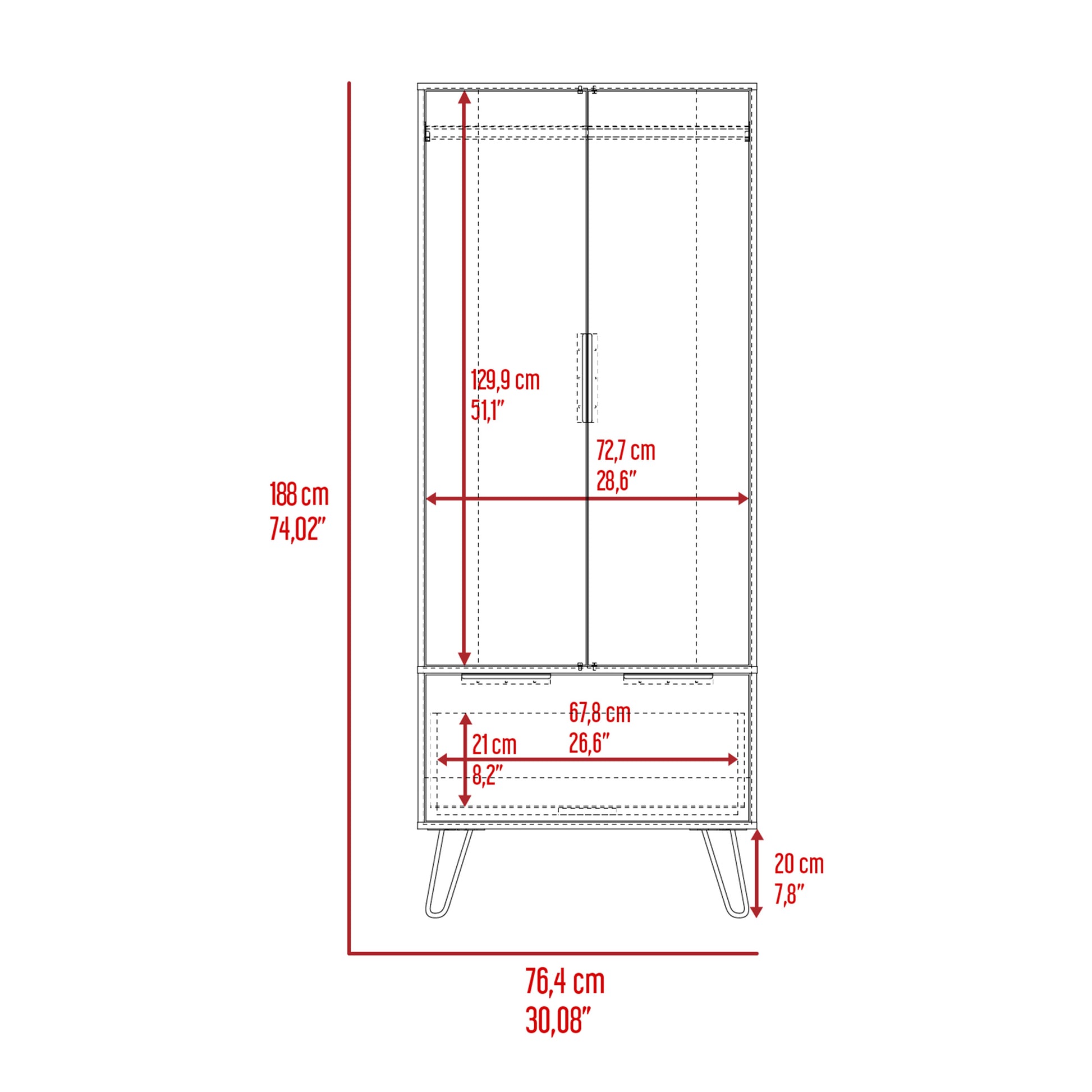 Light Oak Wooden Wardrobe With 2 Doors And 1 Drawer Light Oak Particle Board