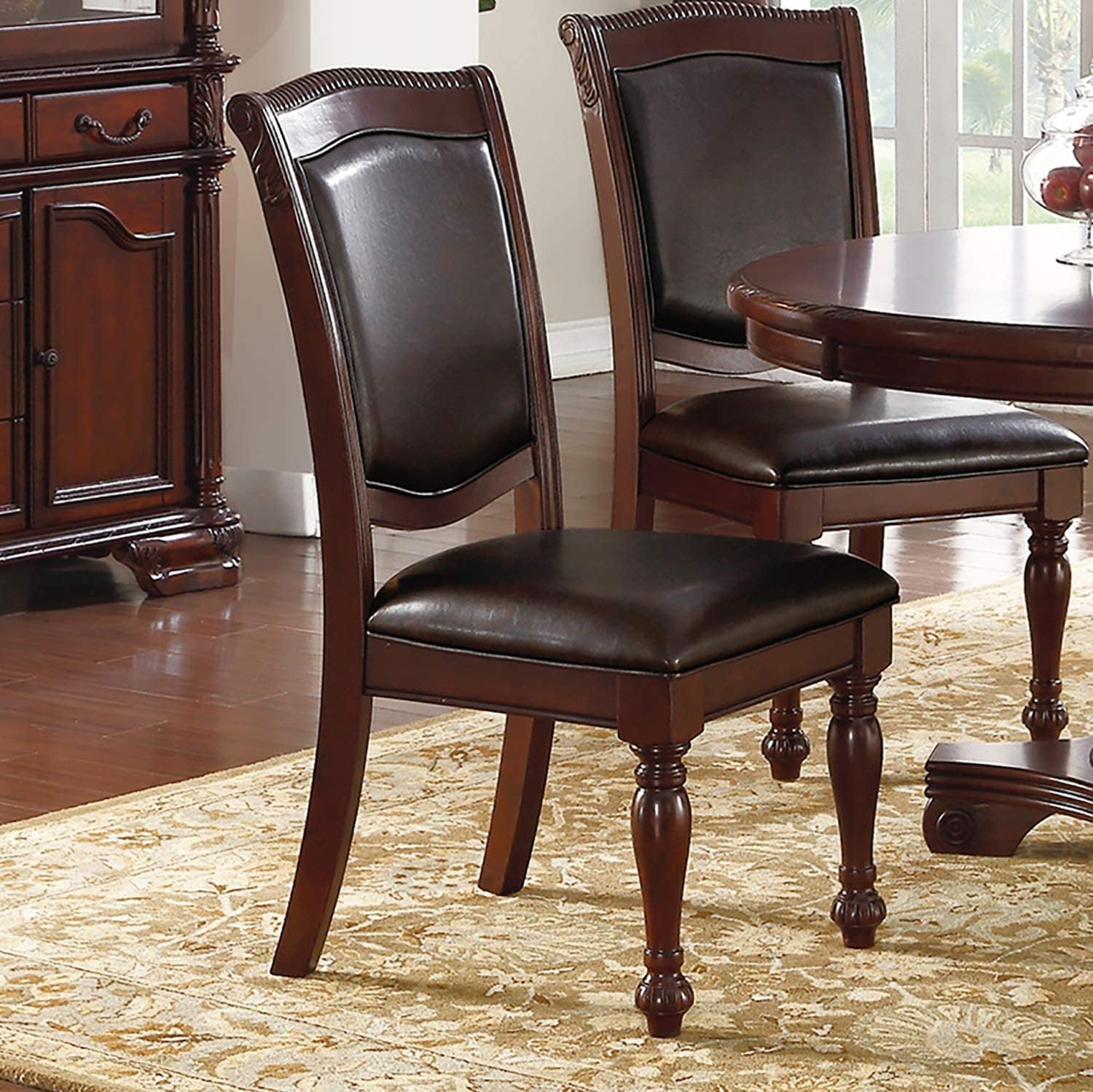 Majestic Classic Formal Dining Room Table And 4X Side Chairs Brown 5Pc Set Dining Table Pedestal Base Round Table Faux Leather Brown Brown Dining Room Luxury,Traditional Rubberwood Rubber Wood
