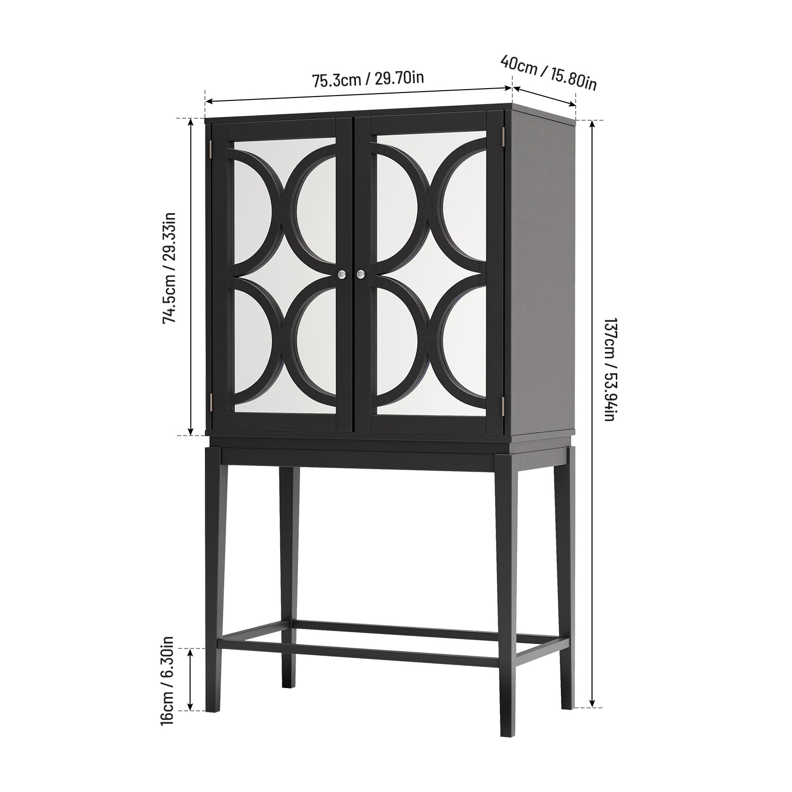 Wine Cabinet Solid Rubber Wood Rack Double Mirror Door Bar Cabinet Kitchen Organizer With Glass Holder Sideboard For Dining Room Antique Black Rubber Wood