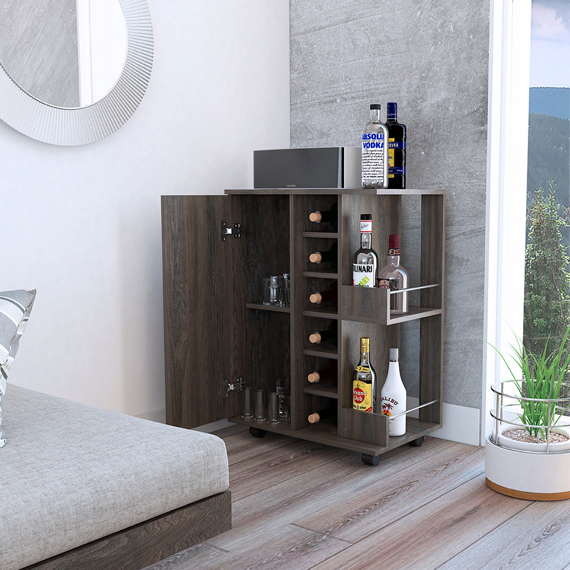 Bartlet 2 Shelf 6 Bottle Bar Cart With Division Carbon Espresso Brown Particle Board