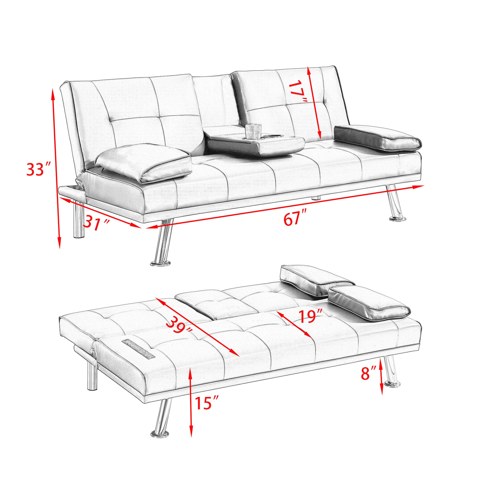 Video Brown Leather Multifunctional Double Folding Sofa Bed For Office With Coffee Table Brown Foam Pvc 2 Seat
