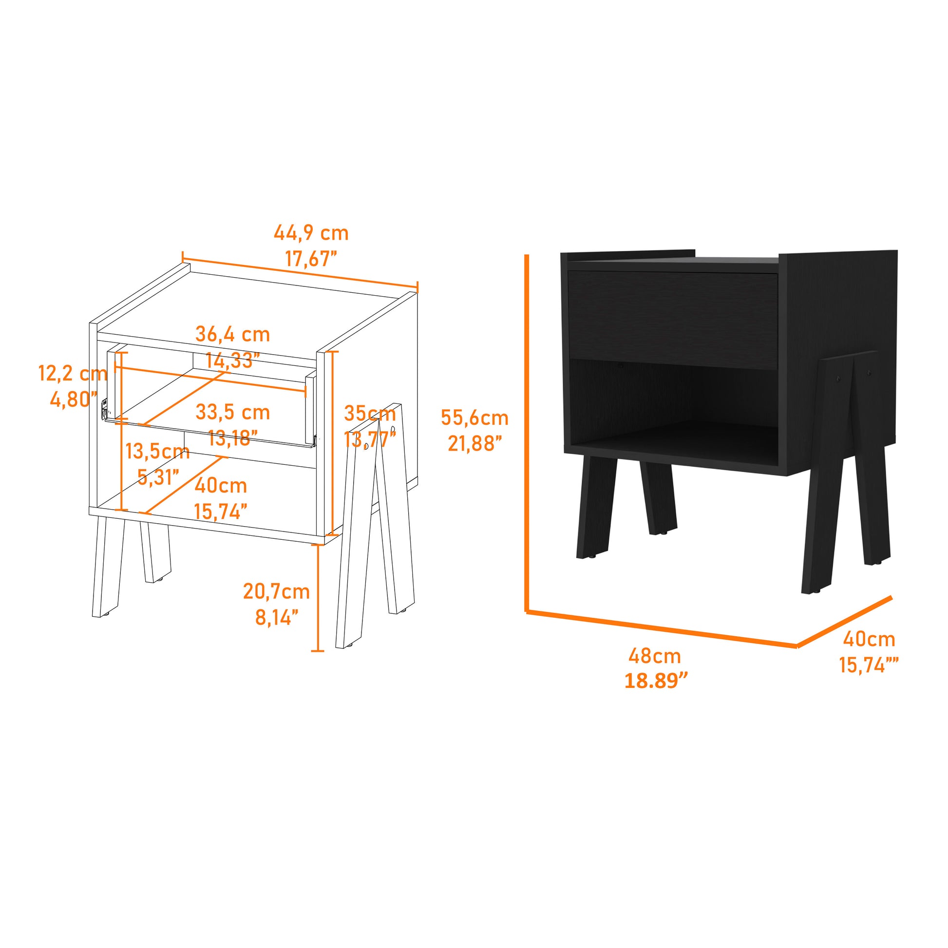 Black Wengue 1 Drawer 1 Shelf Nightstand Black Particle Board