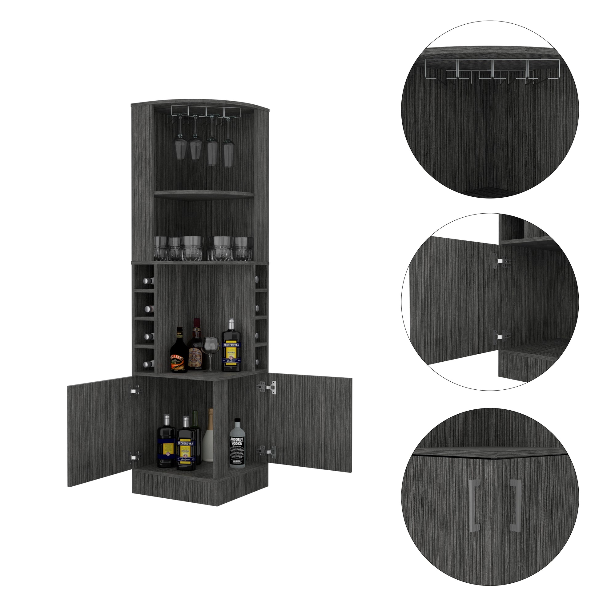 Smokey Oak 8 Bottle 2 Shelf Bar Cabinet Freestanding 5 Or More Shelves Gray Primary Living Space Shelves Included Particle Board