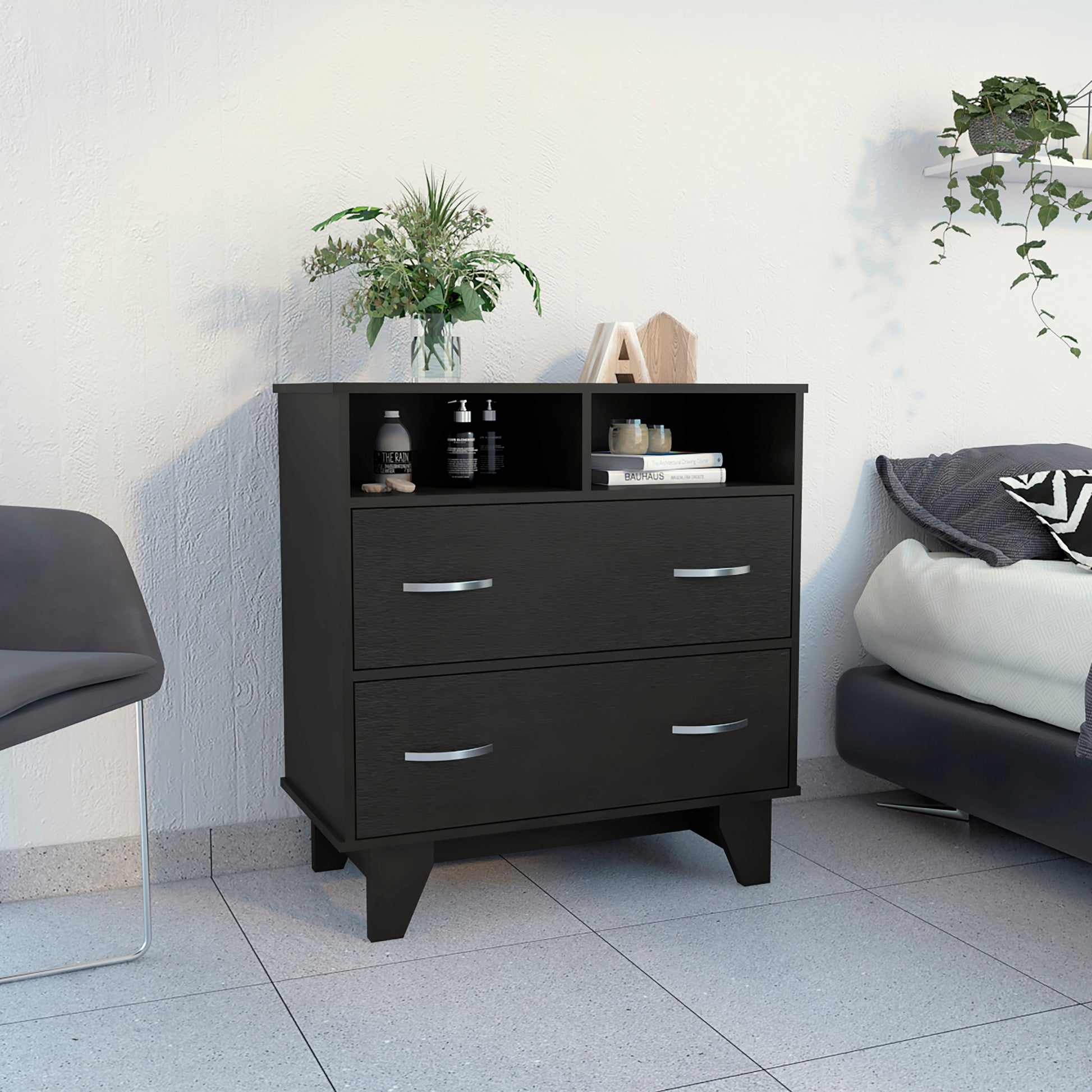 Aaron 2 Drawer 2 Shelf Dresser Black Wengue Black Particle Board Aaron 2 Drawer 2 Shelf Dresser Black Wengue Black Particle Board