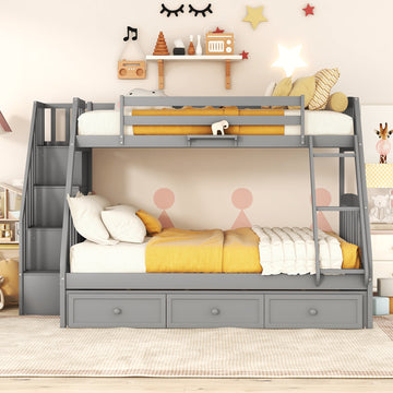 Twin Over Full Bunk Bed With Drawers Ladder And Storage Staircase, Gray Gray Solid Wood Mdf