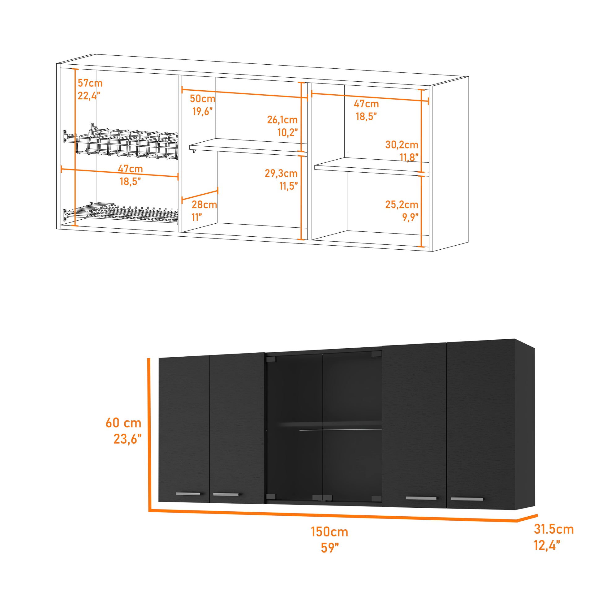 Shelton 59 Inch Two Center Glass Doors Wall Cabinet Black Wengue Black Particle Board