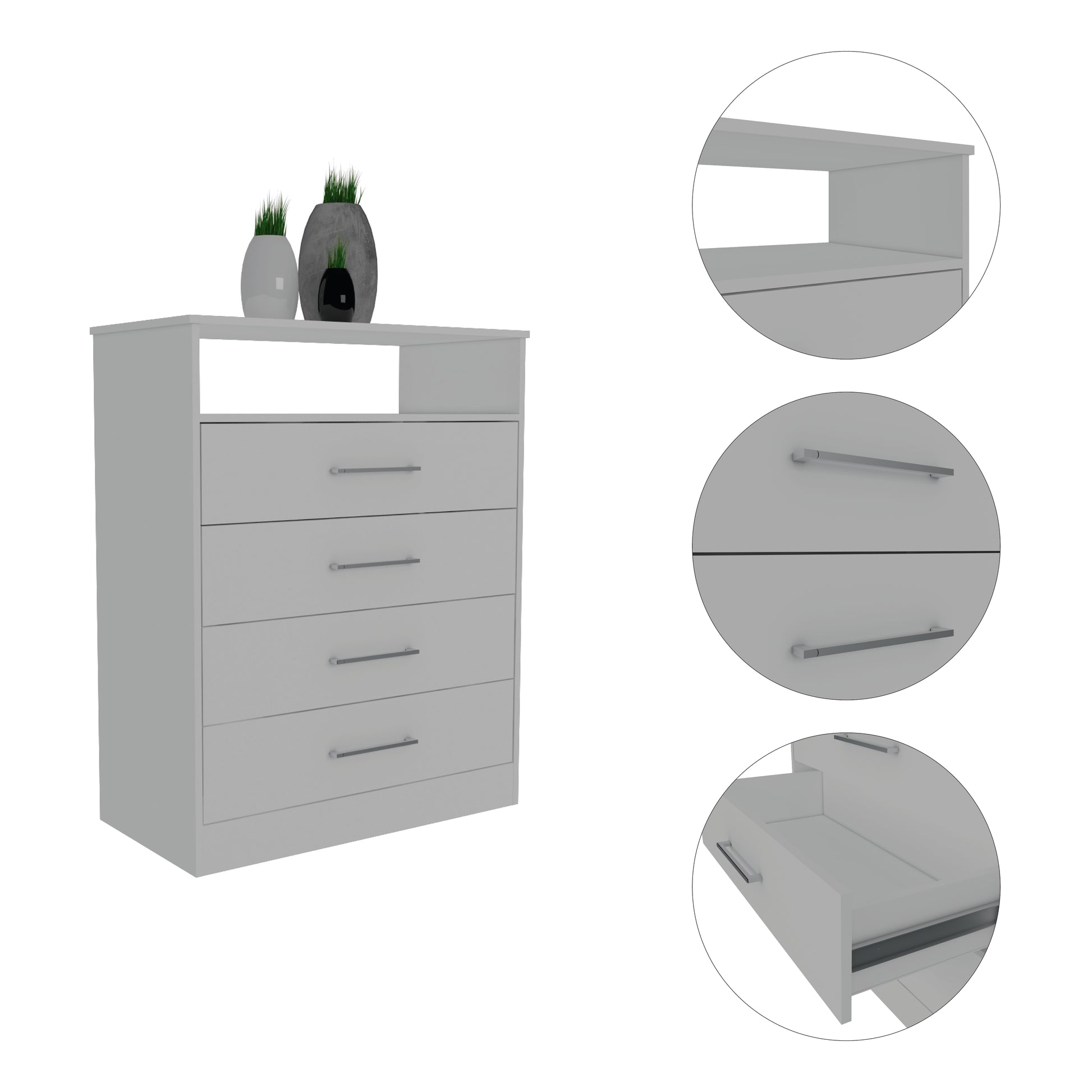 Cassville 4 Drawer 1 Shelf Dresser White White Particle Board