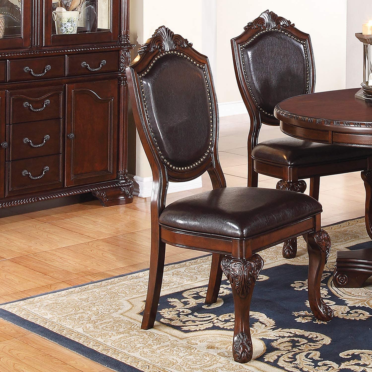 Royal Majestic Formal Set Of 2 Side Chairs Brown Color Rubberwood Dining Room Furniture Intricate Design Faux Leather Upholstered Seat Brown Brown Dining Room Luxury,Traditional Dining Chairs Rubberwood Solid Back Rubber Wood