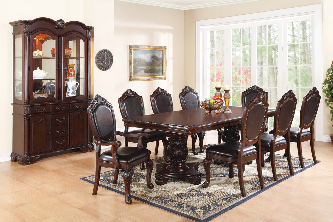 Formal Dining Room Table W Leaf 2X Arm Chairs And 6X Side Chairs Brown 9Pc Set Dining Table Double Pedestal Base Royal Rectangle Table Brown Wood Dining Room Solid Wood Rubberwood Rectangular Dining Table With Chair Wood Wood Brown Seats 8